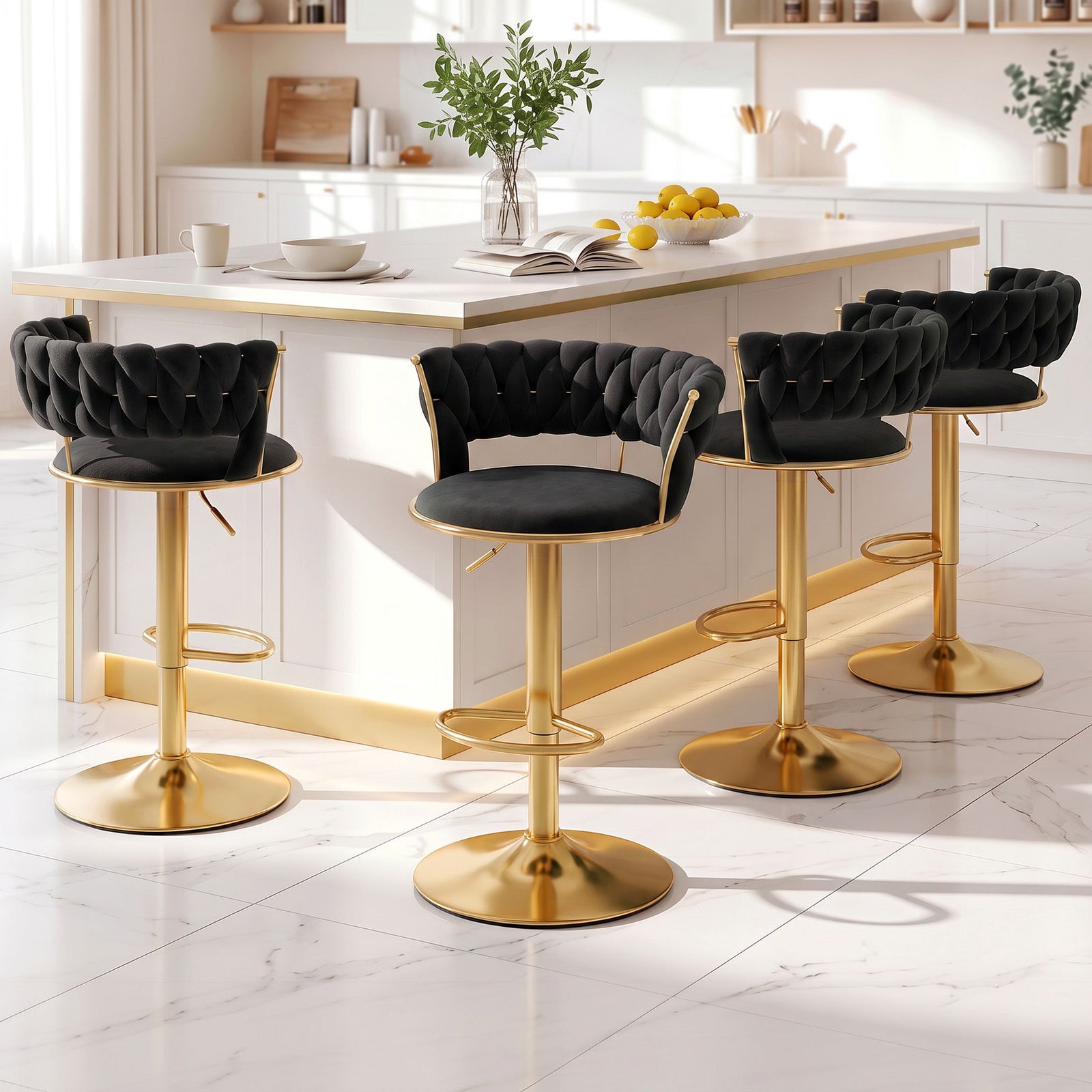 Artiss 4x Bar Stools Gas Lift Adjustable Velvet Woven Backrest Vivien Black