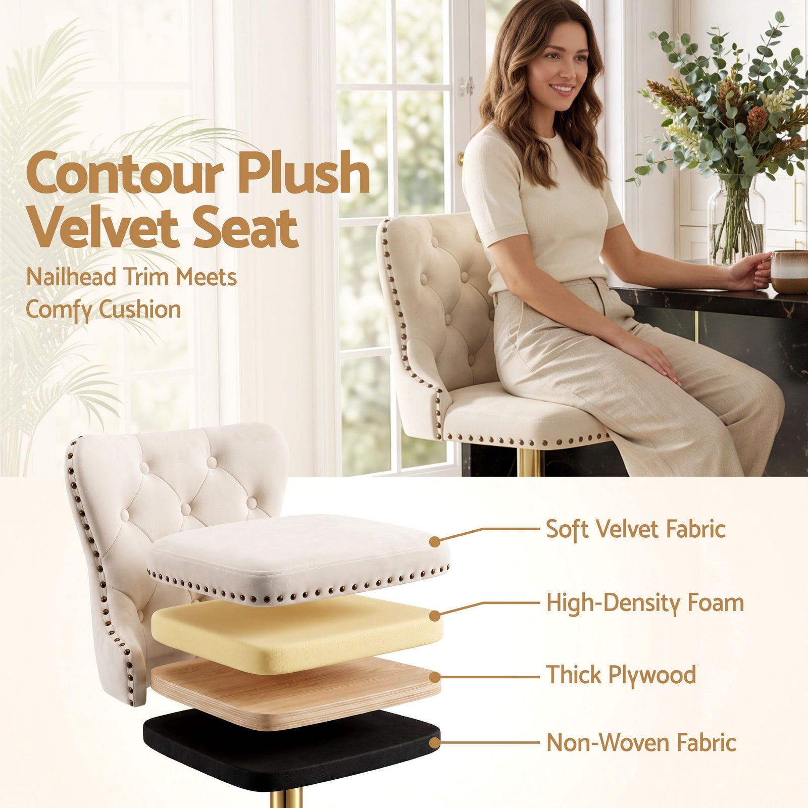 Artiss 1x Bar Stool Counter Chair Kitchen Adjustable Nailhead Trim Velvet Ivory