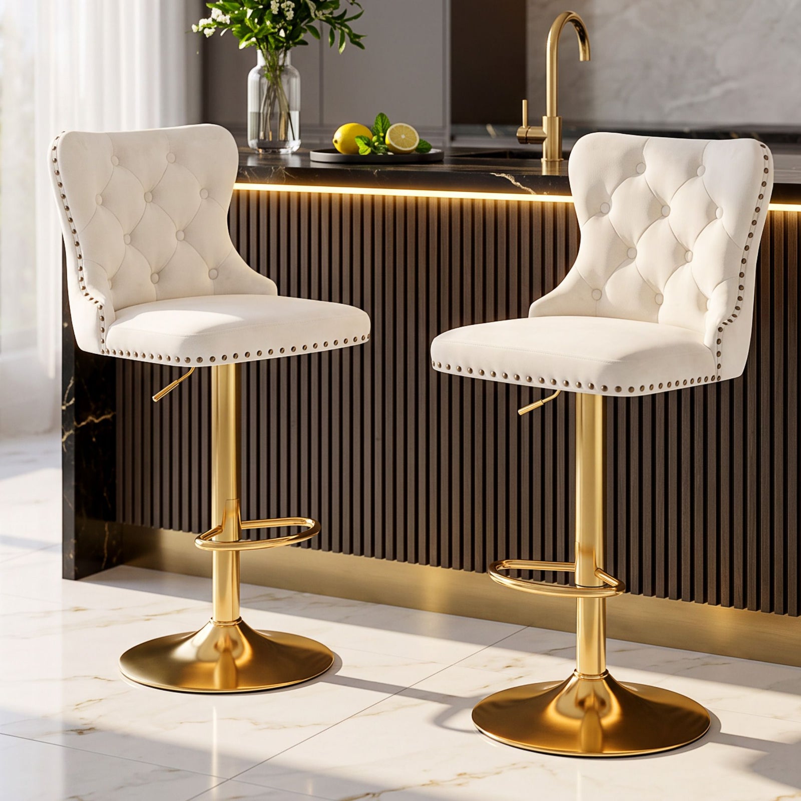 Artiss 2x Bar Stools Counter Chair Kitchen Adjustable Nailhead Trim Velvet Ivory