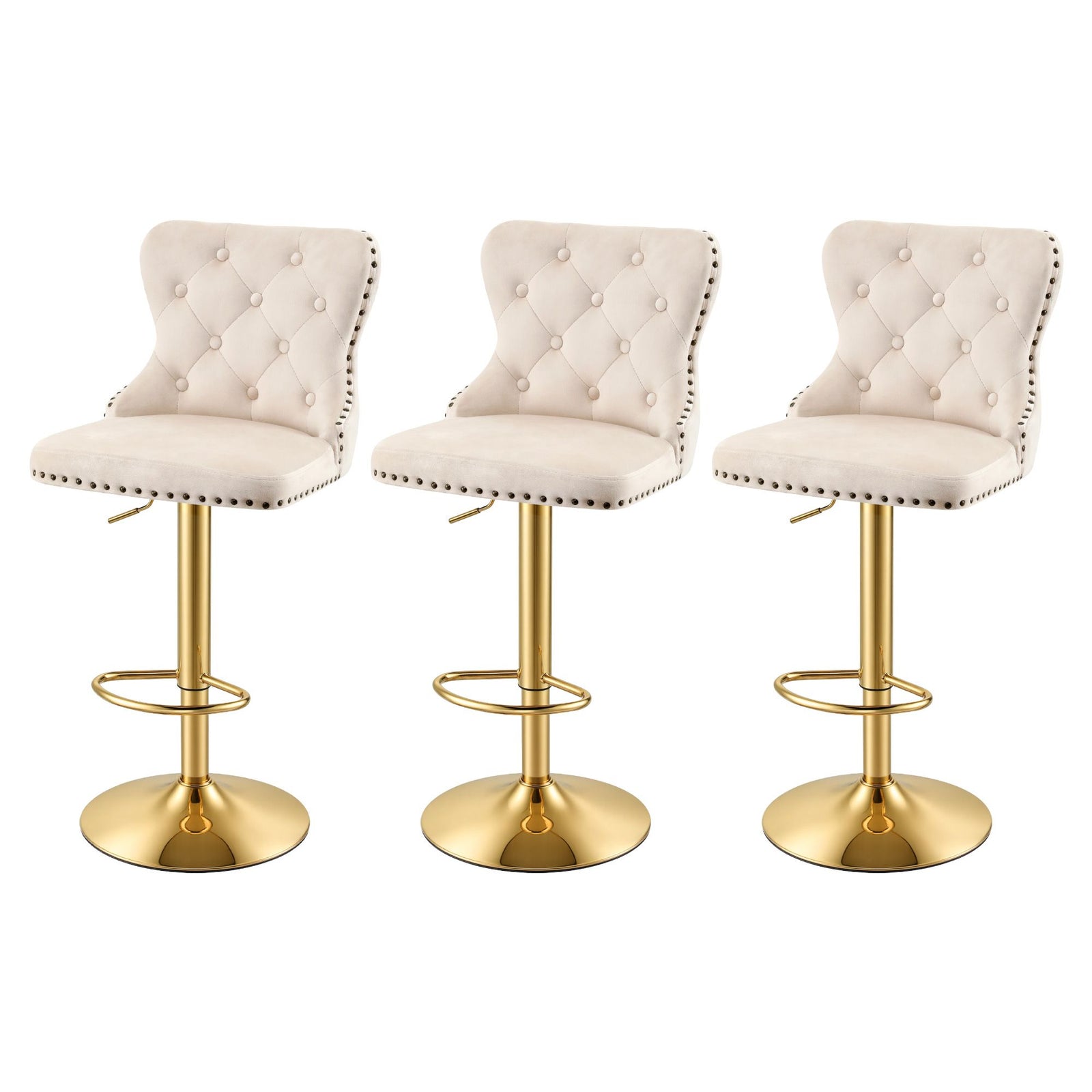 Artiss 3x Bar Stools Counter Chair Kitchen Adjustable Nailhead Trim Velvet Ivory
