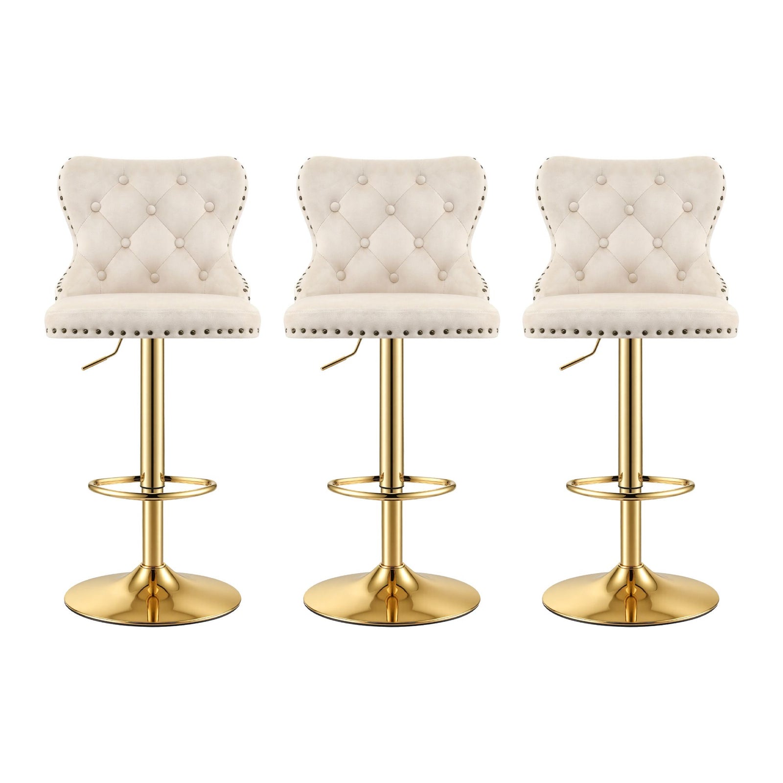 Artiss 3x Bar Stools Counter Chair Kitchen Adjustable Nailhead Trim Velvet Ivory