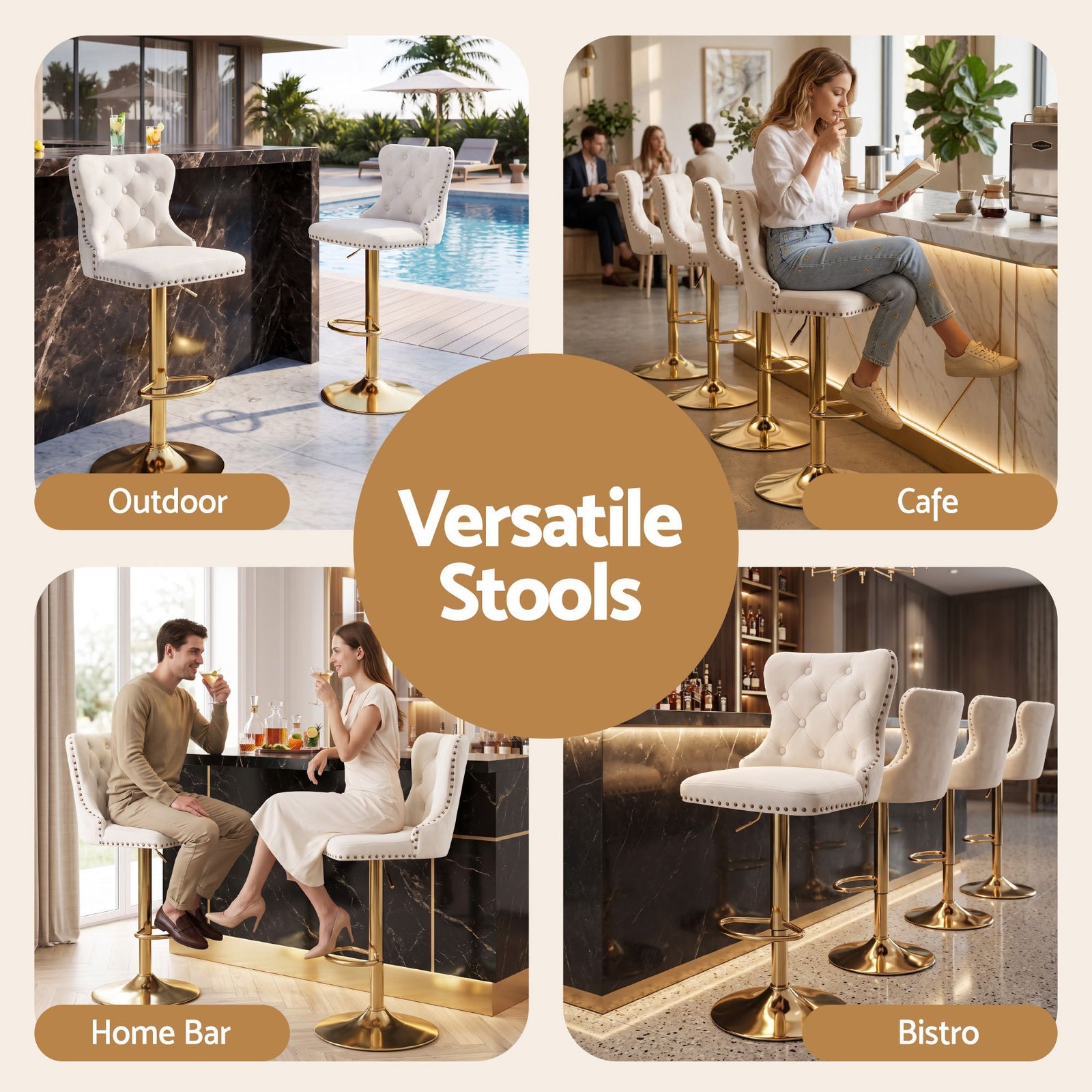 Artiss 3x Bar Stools Counter Chair Kitchen Adjustable Nailhead Trim Velvet Ivory