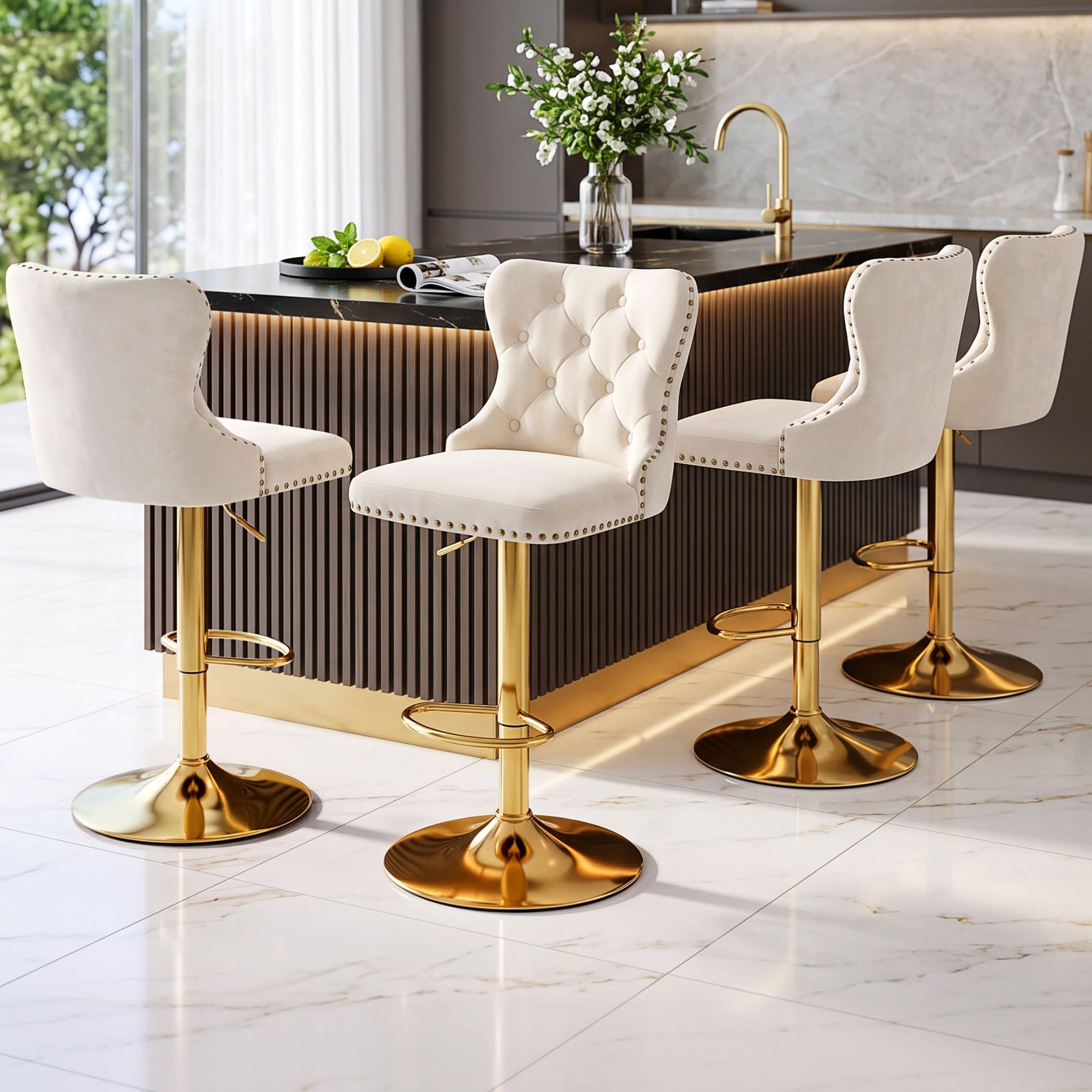 Artiss 4x Bar Stools Counter Chair Kitchen Adjustable Nailhead Trim Velvet Ivory
