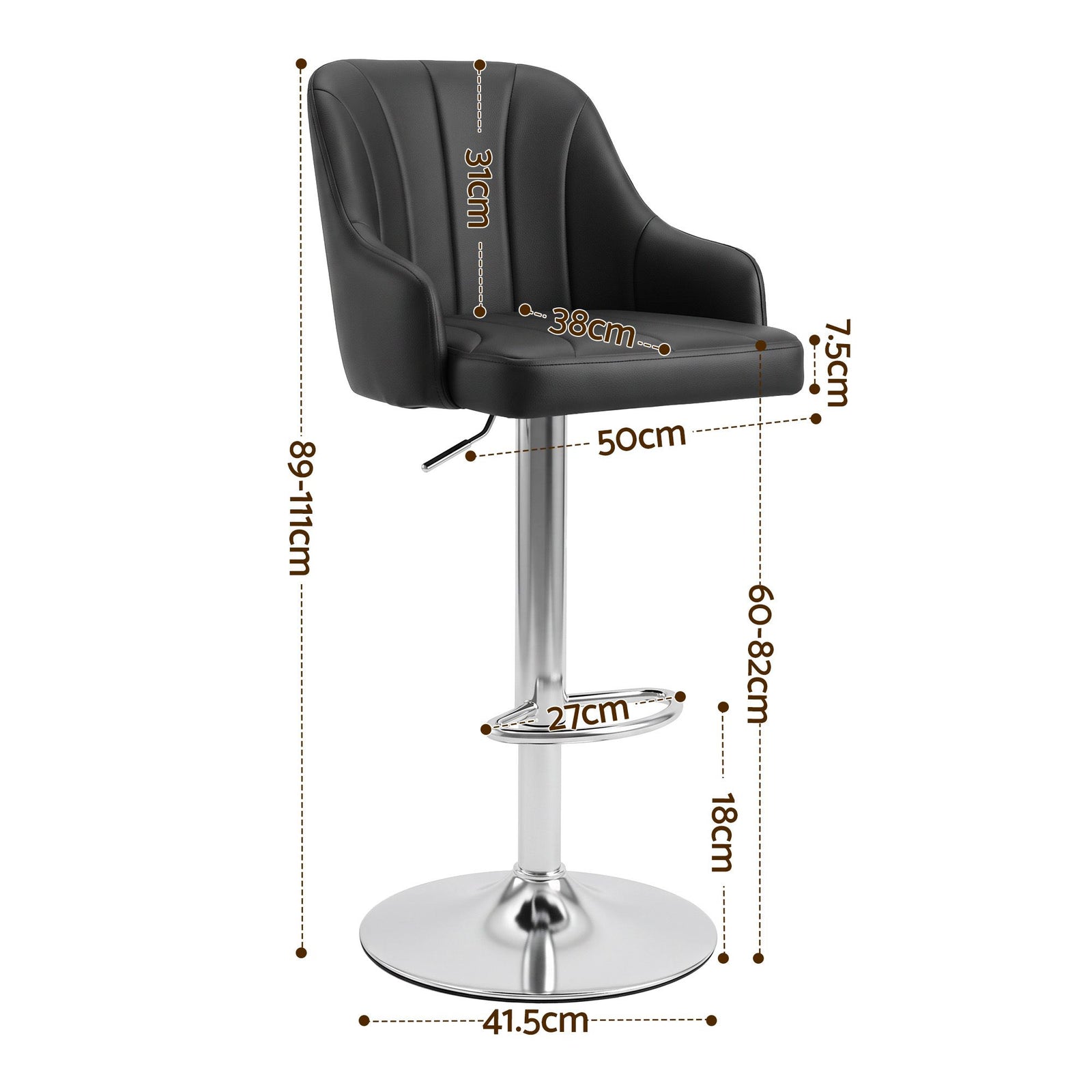 Artiss Bar Stool X2 Gas Lift Adjustable Curved Striped Backrest PU Leather Black