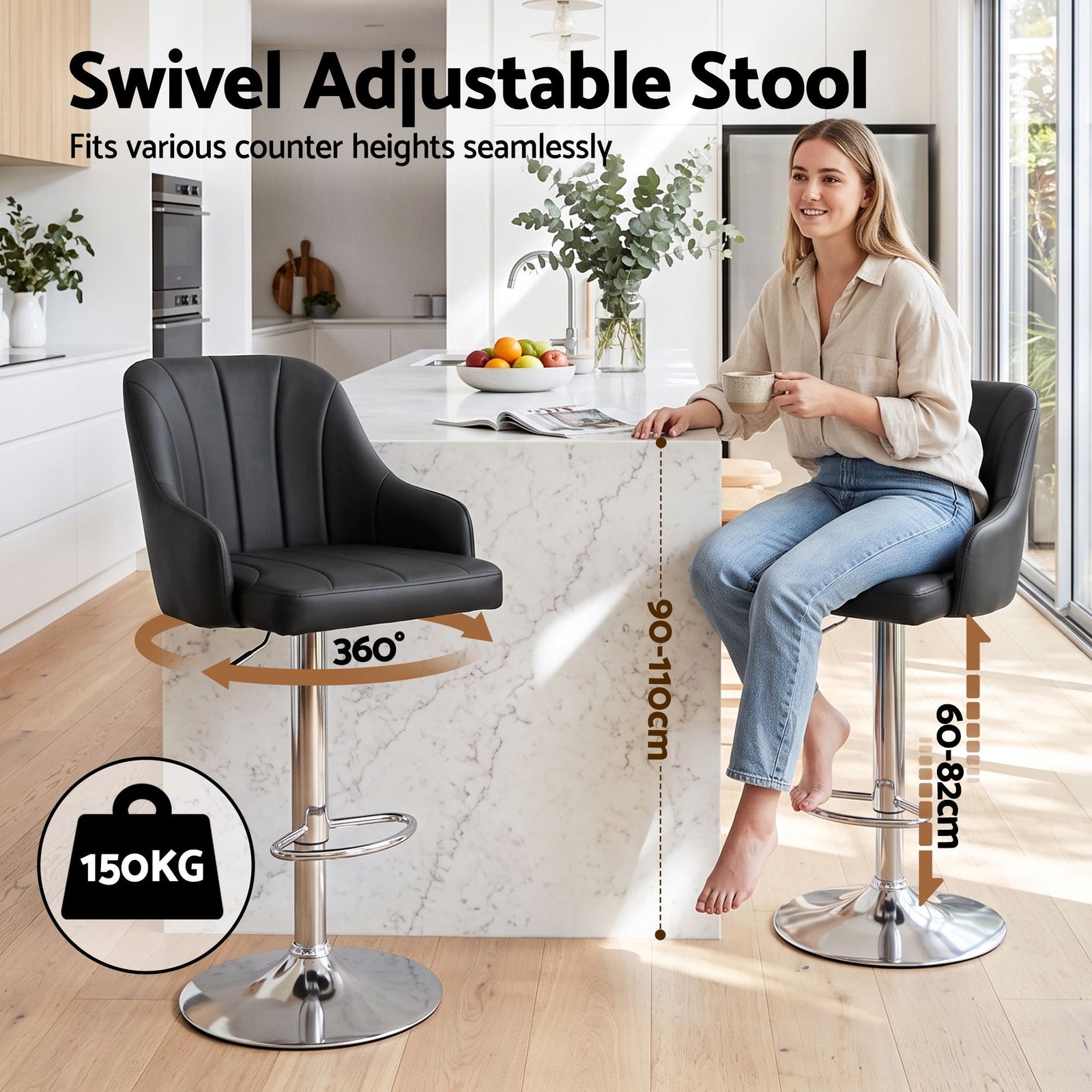 Artiss Bar Stool X2 Gas Lift Adjustable Curved Striped Backrest PU Leather Black