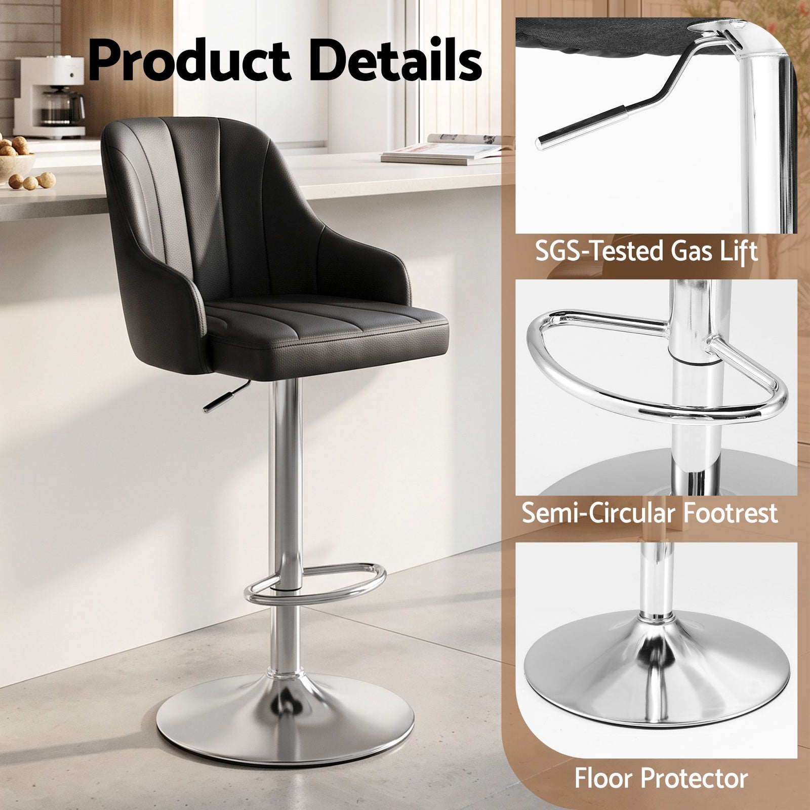 Artiss Bar Stool X2 Gas Lift Adjustable Curved Striped Backrest PU Leather Black
