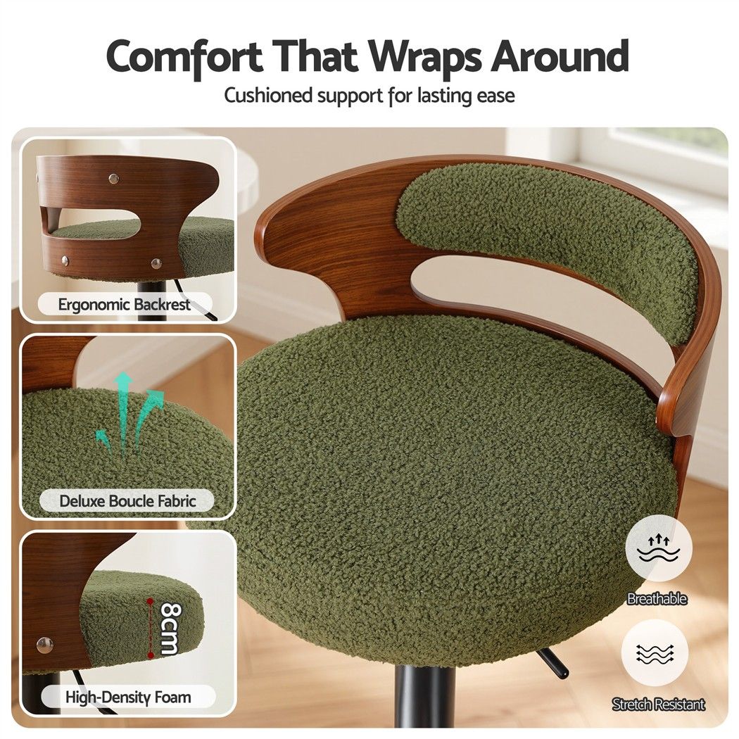 Artiss 4x Bar Stools Counter Chair Gas Lift Swivel Kitchen Bentwood Boucle Green