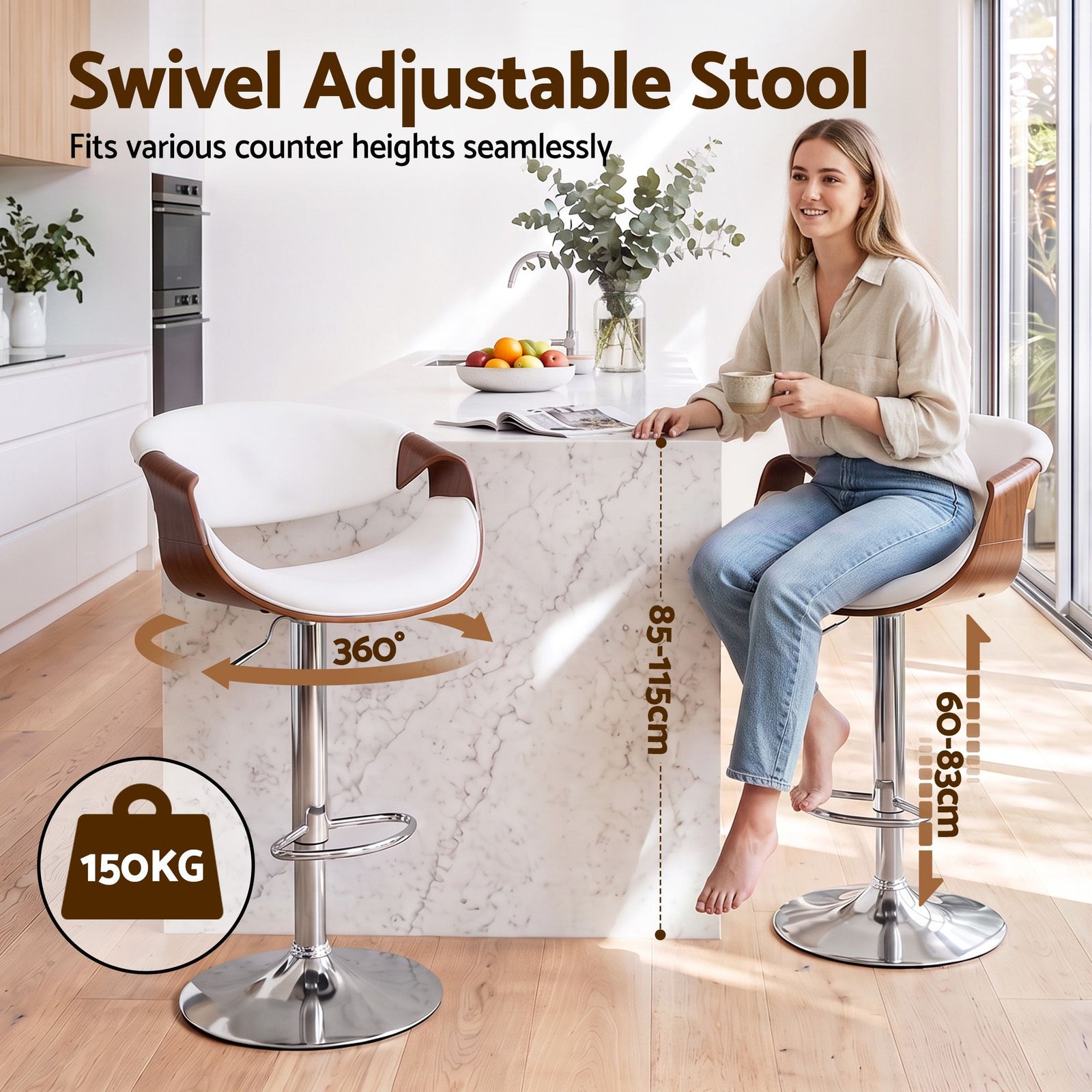 Artiss 3x Bar Stools Counter Chair Ambrus Swivel Adjustable Bentwood PU White
