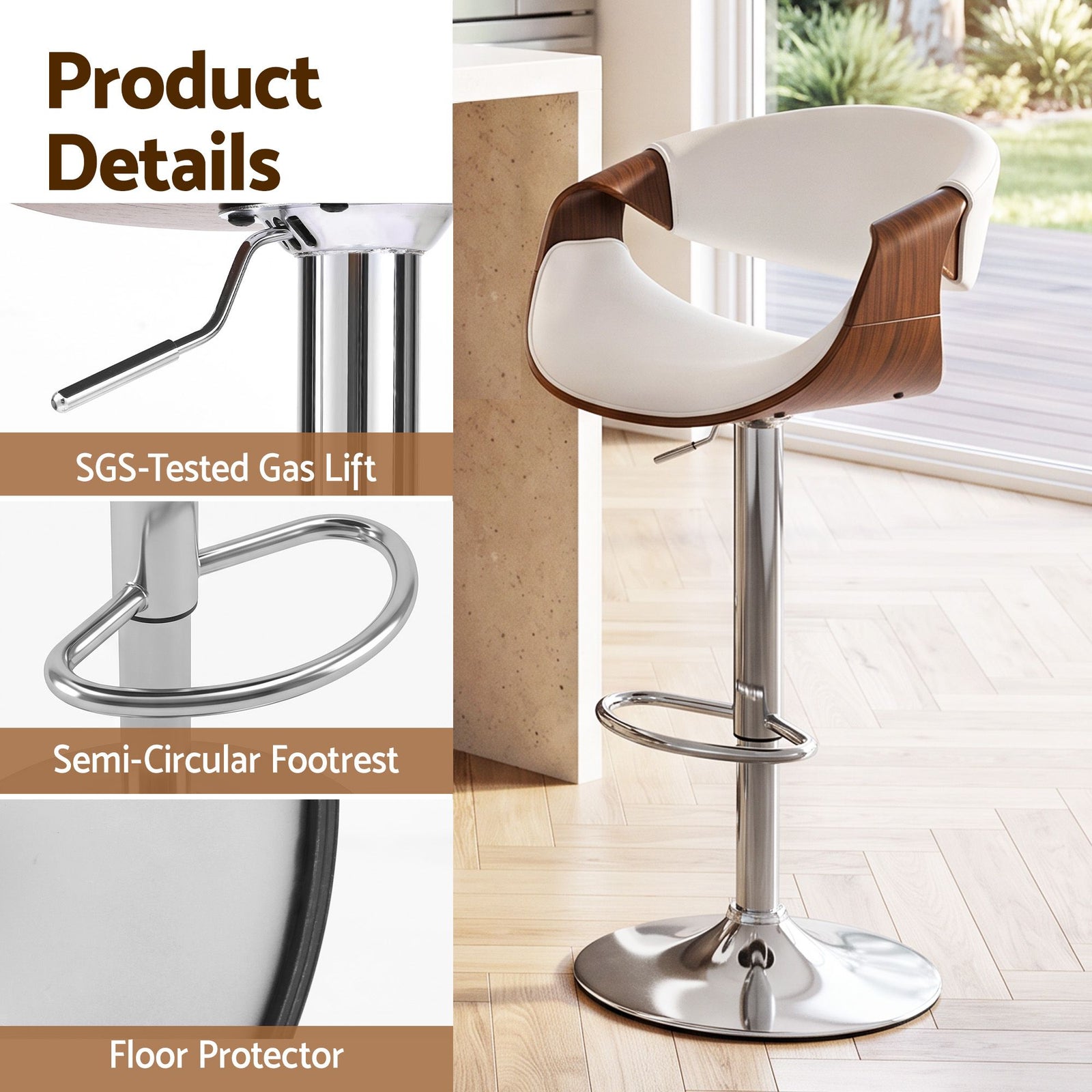 Artiss 3x Bar Stools Counter Chair Ambrus Swivel Adjustable Bentwood PU White