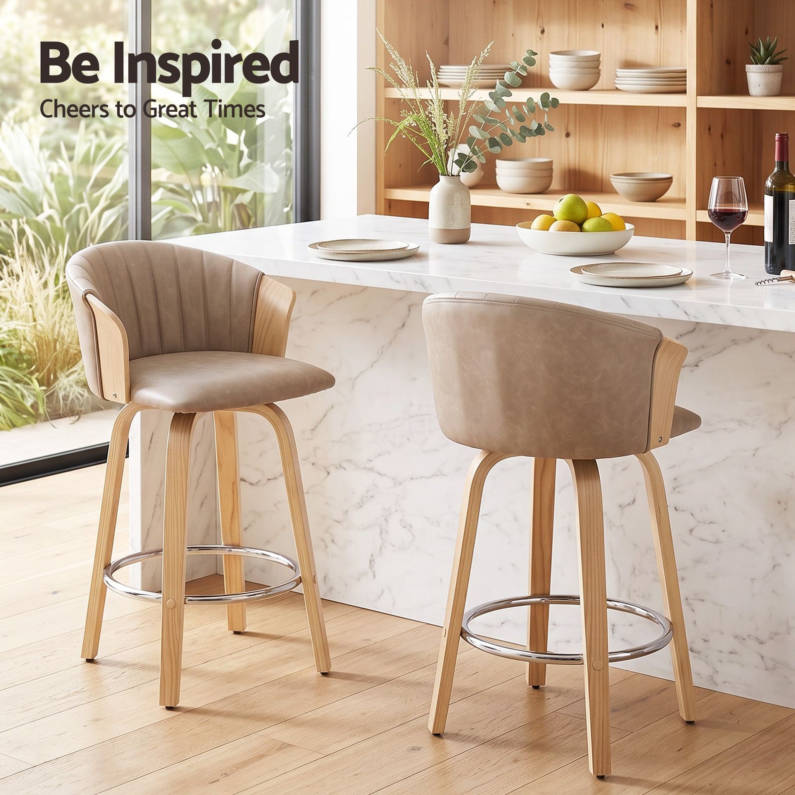 Artiss Wooden Bar Stools Set of 2 Swivel Kitchen Counter Stools Chair 66cm Khaki