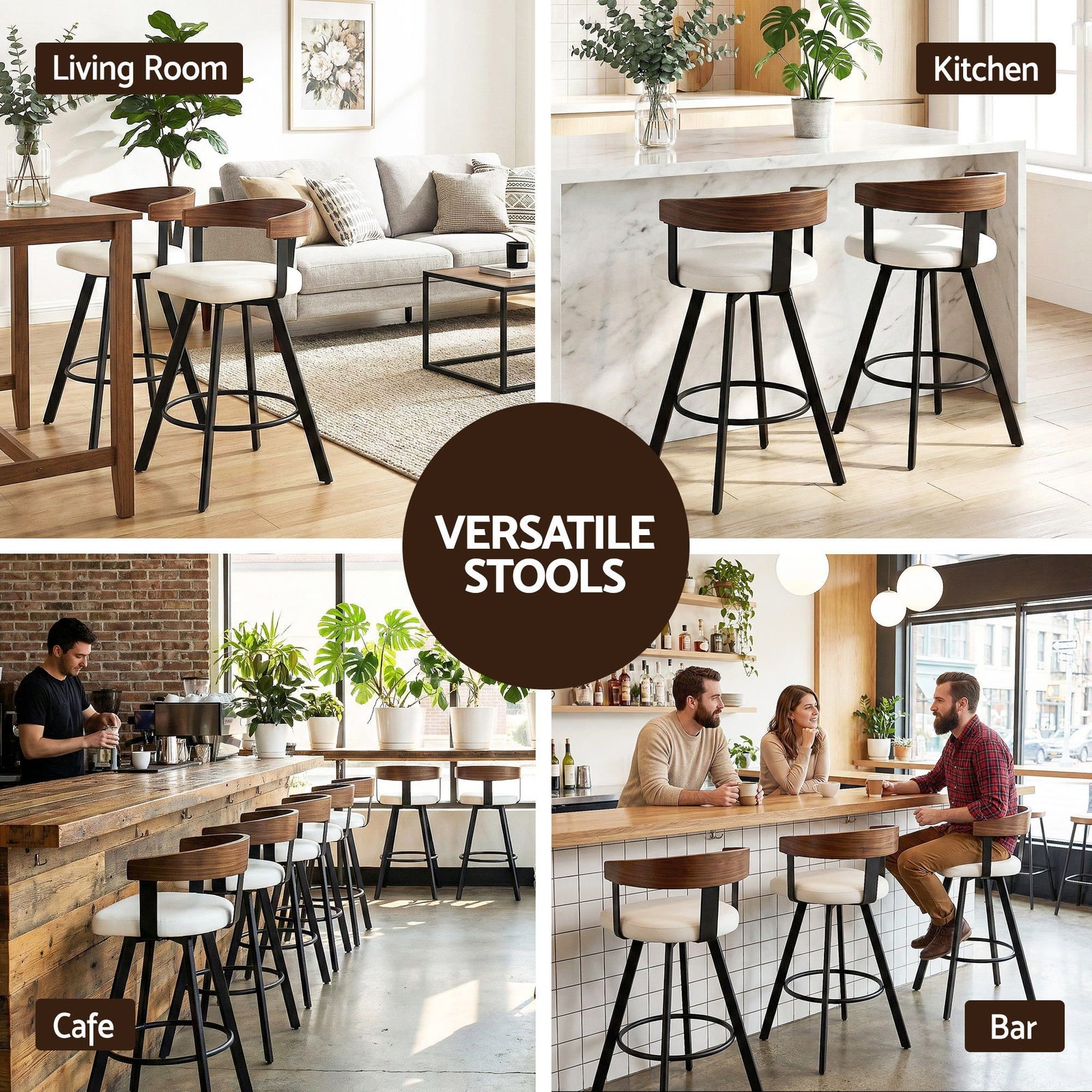 Artiss Bar Stools Set of 3 Swivel Counter Height Barstools with Bentwood Backrest PU Leather White