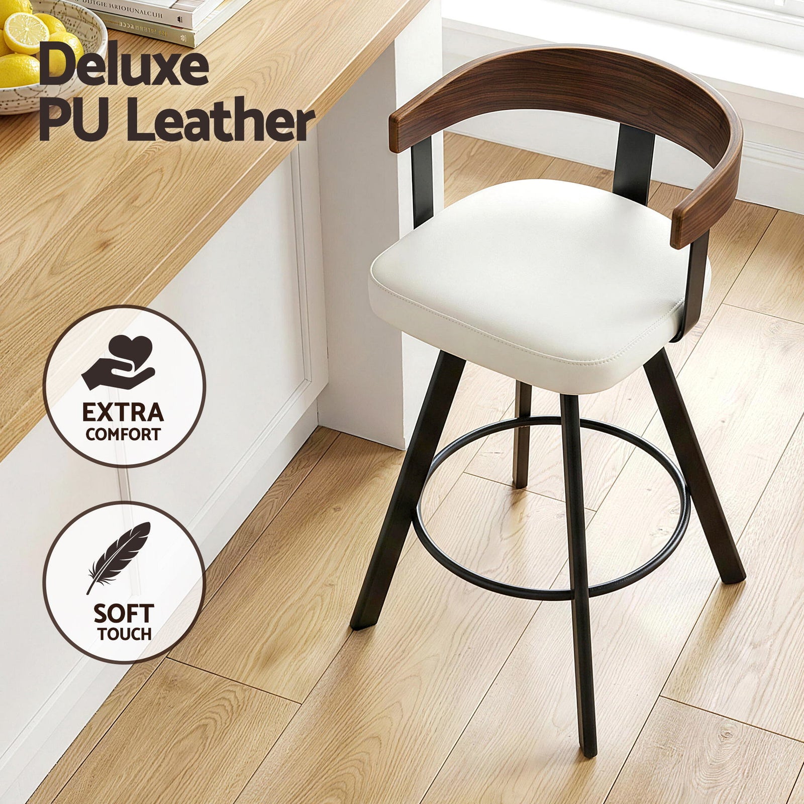 4x Artiss Bar Stools Swivel Kitchen Chairs Metal Legs Bentwood Counter White PU