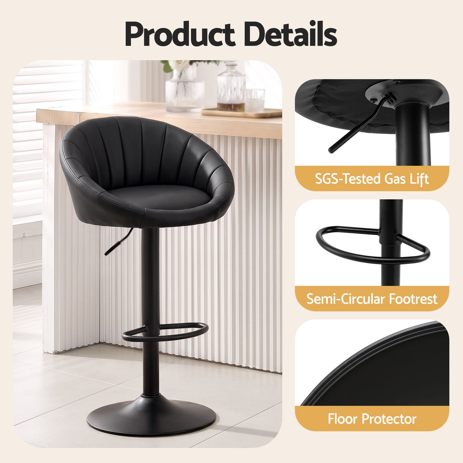 Artiss Bar Stool X2 Gas Lift Adjustable Rounded Shell Backrest PU Leather Black
