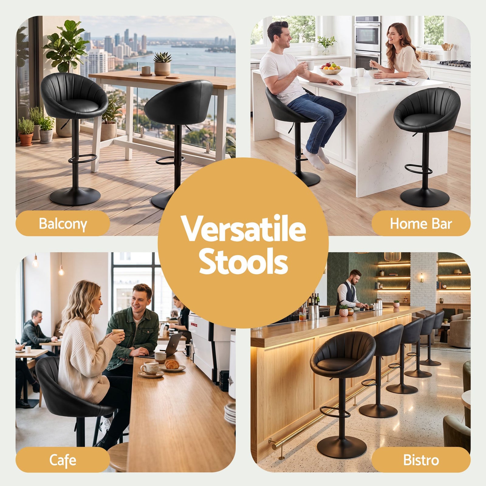 Artiss Bar Stool X2 Gas Lift Adjustable Rounded Shell Backrest PU Leather Black