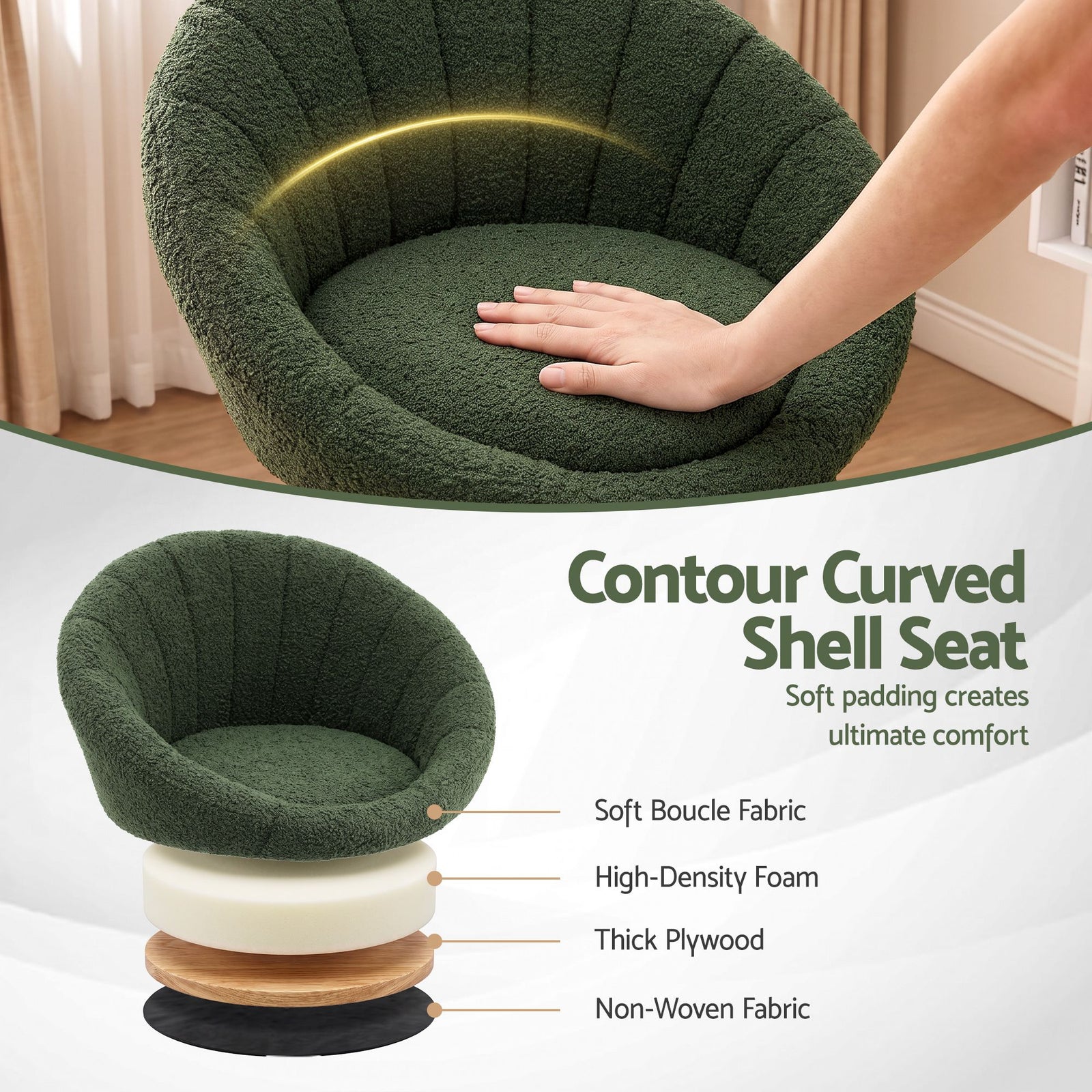 Artiss 2x Bar Stools Kitchen Chairs Gas Lift Adjustable Round Shell Boucle Green