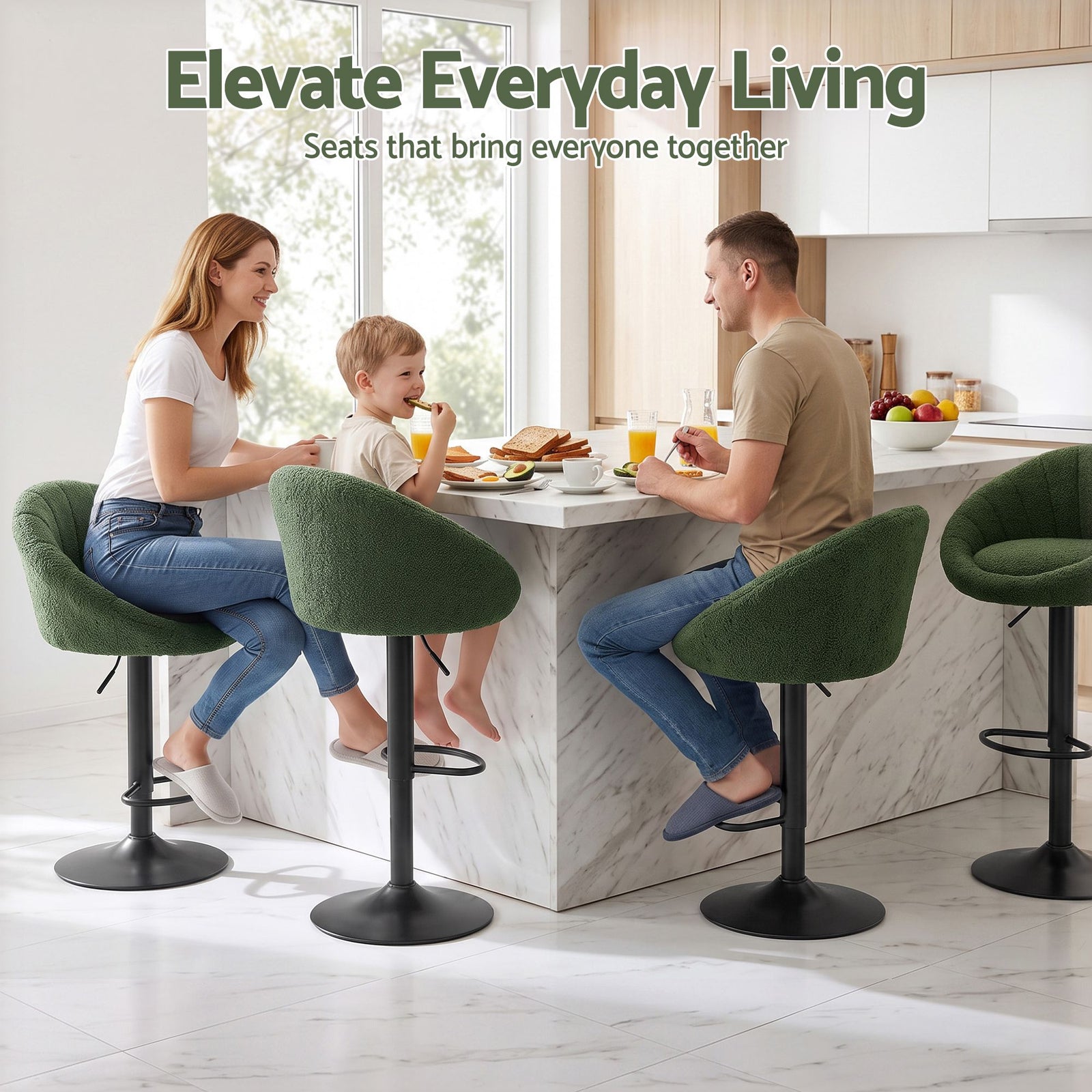 Artiss 4x Bar Stools Kitchen Chairs Gas Lift Adjustable Round Shell Boucle Green