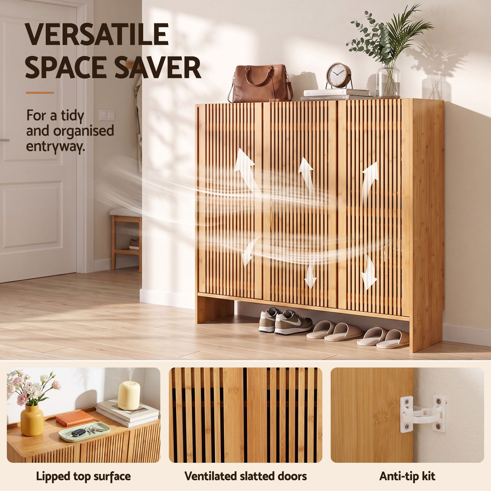Artiss Shoe Cabinet Versatile Door 24 Pairs Shoe Storage Cupboard Bamboo