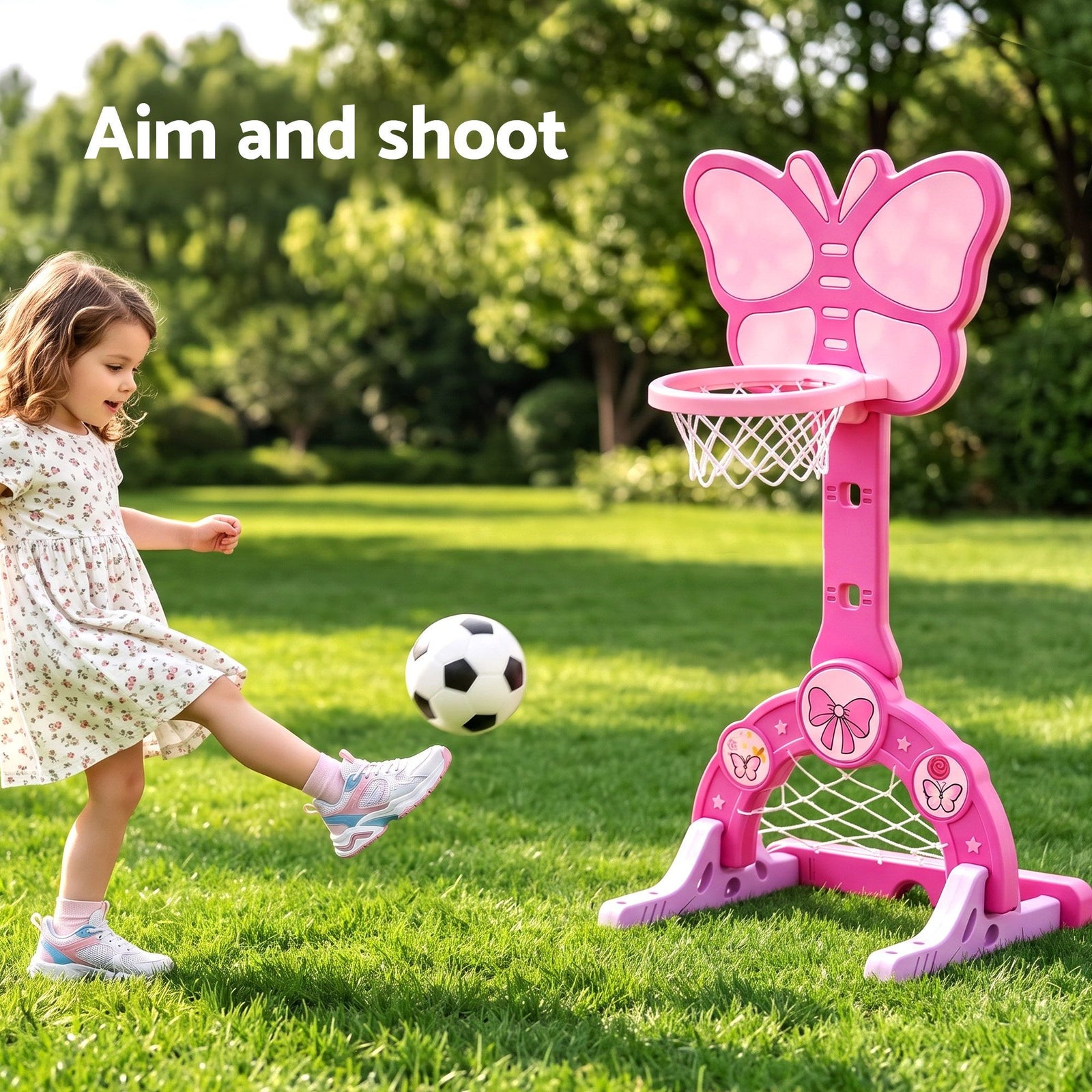 Keezi 3-in-1 Kids Basketball Hoop Soccer Goal Golf Game Set with Balls Pink