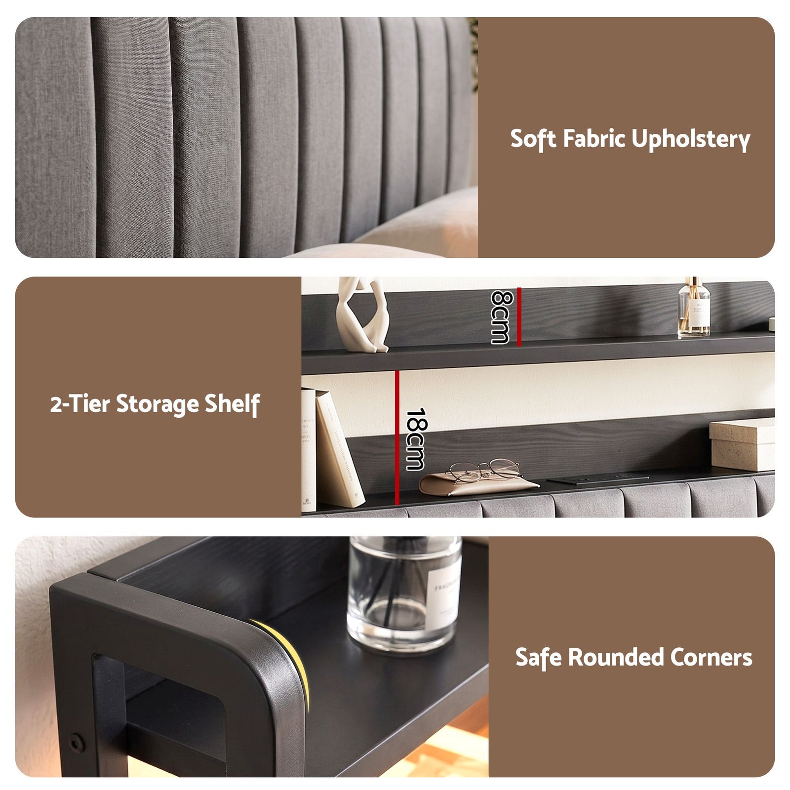 Artiss Double Headboard Charging Station Storage LED Light Grey Upholstered