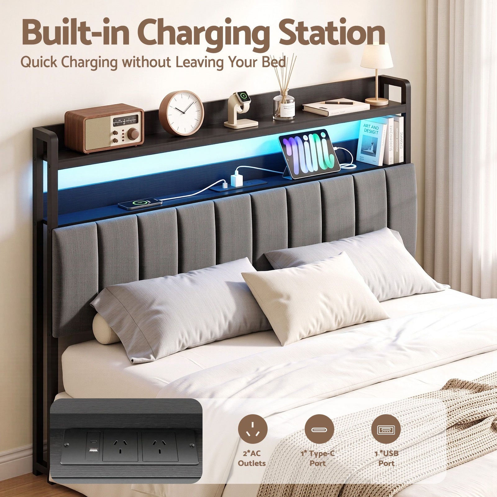 Artiss Queen Headboard Charging Station Storage LED Light Grey Upholstered