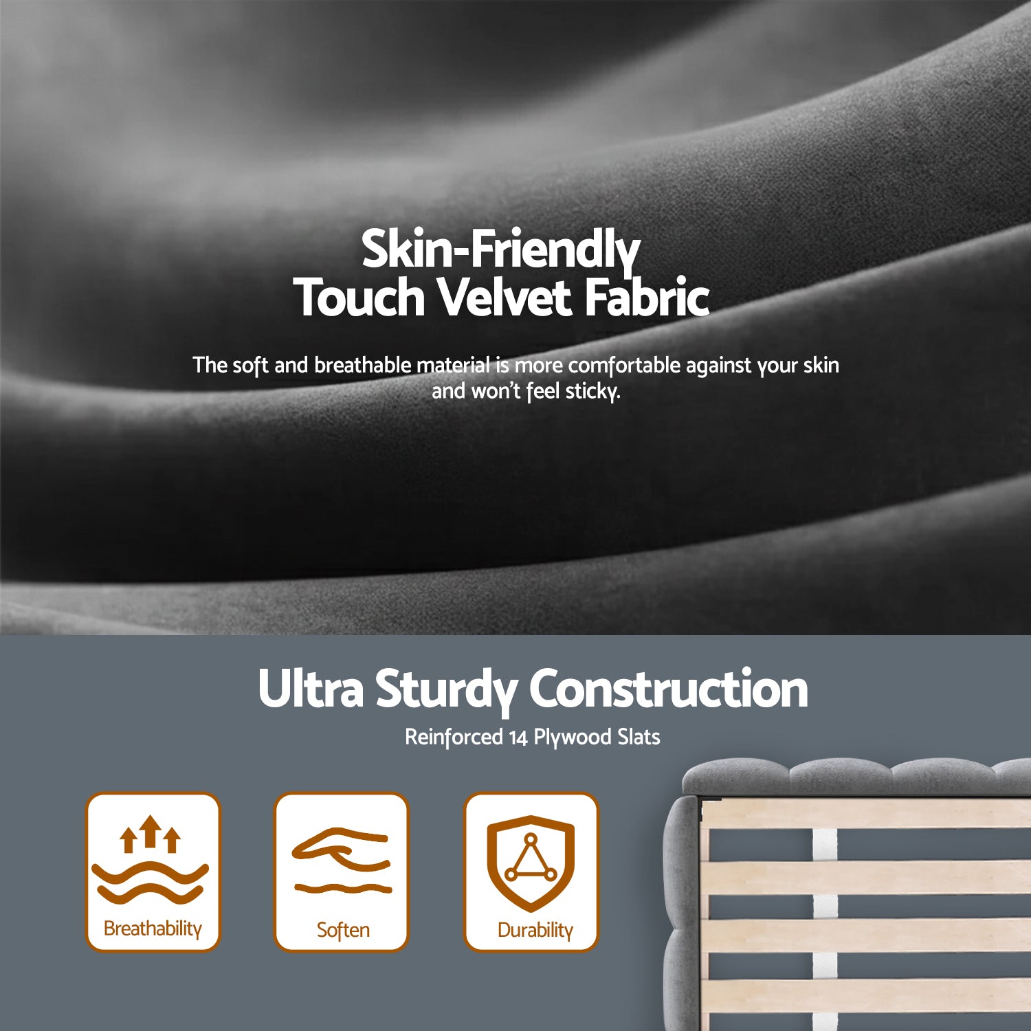 Artiss King Size Bed Frame Plush Soft Headboard Velvet Platform Base for Modern Bedrooms Grey