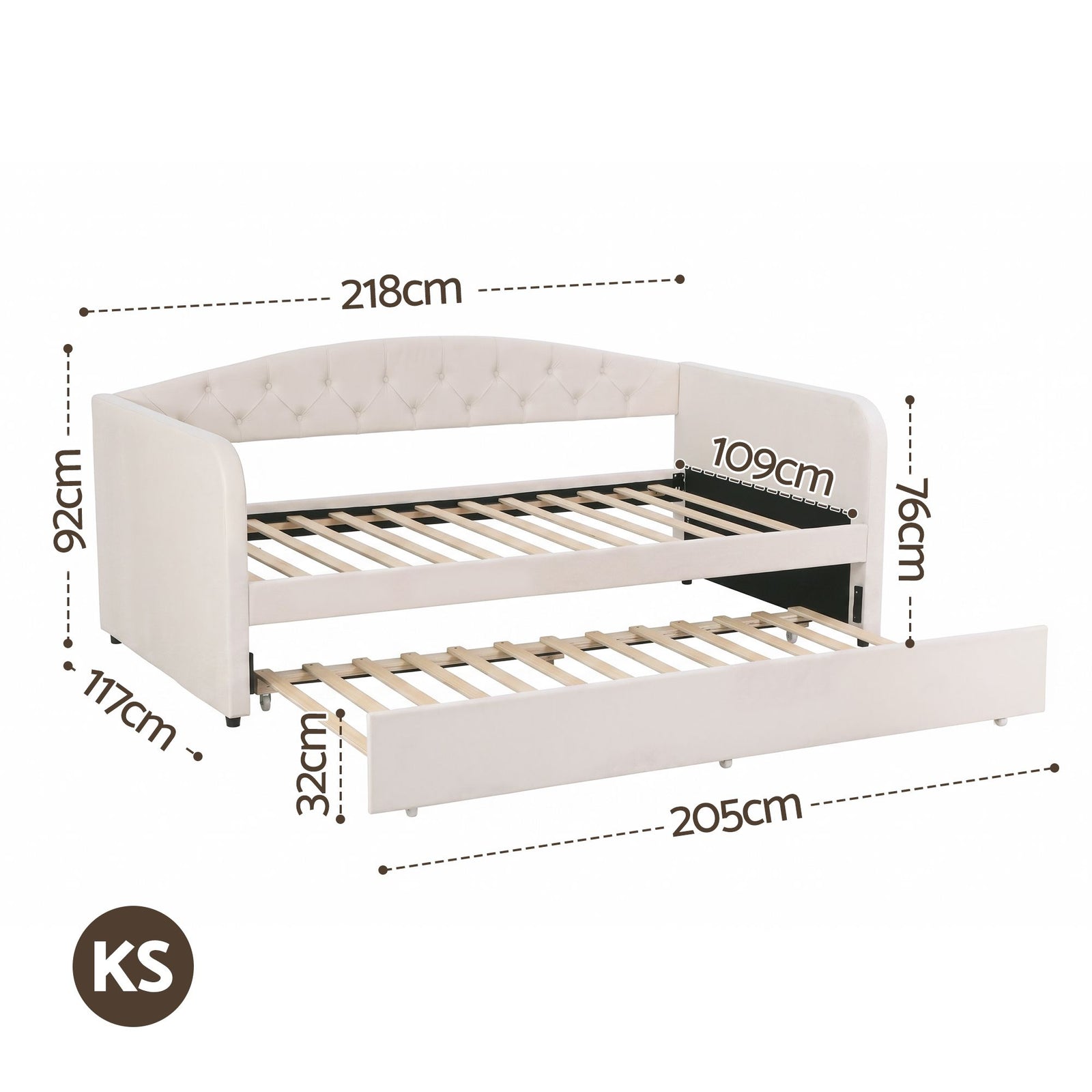 Artiss King Single Daybed Velvet Trundle Bed Frame Tufted Guest Bed