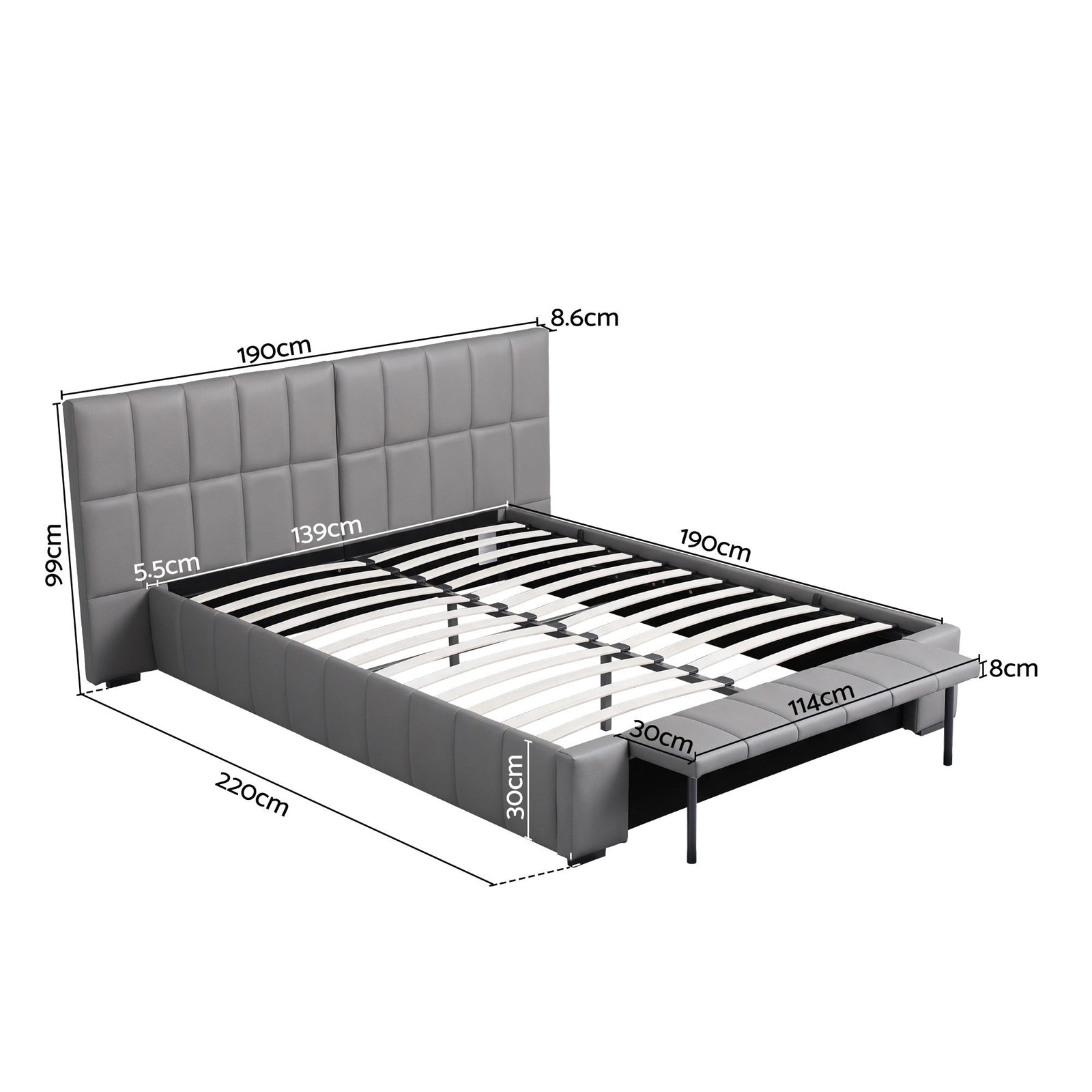 Artiss Double Size Upholstered Gas Lift Bed Frame with Foldable Bench PVC Leather Platform Bed with Storage