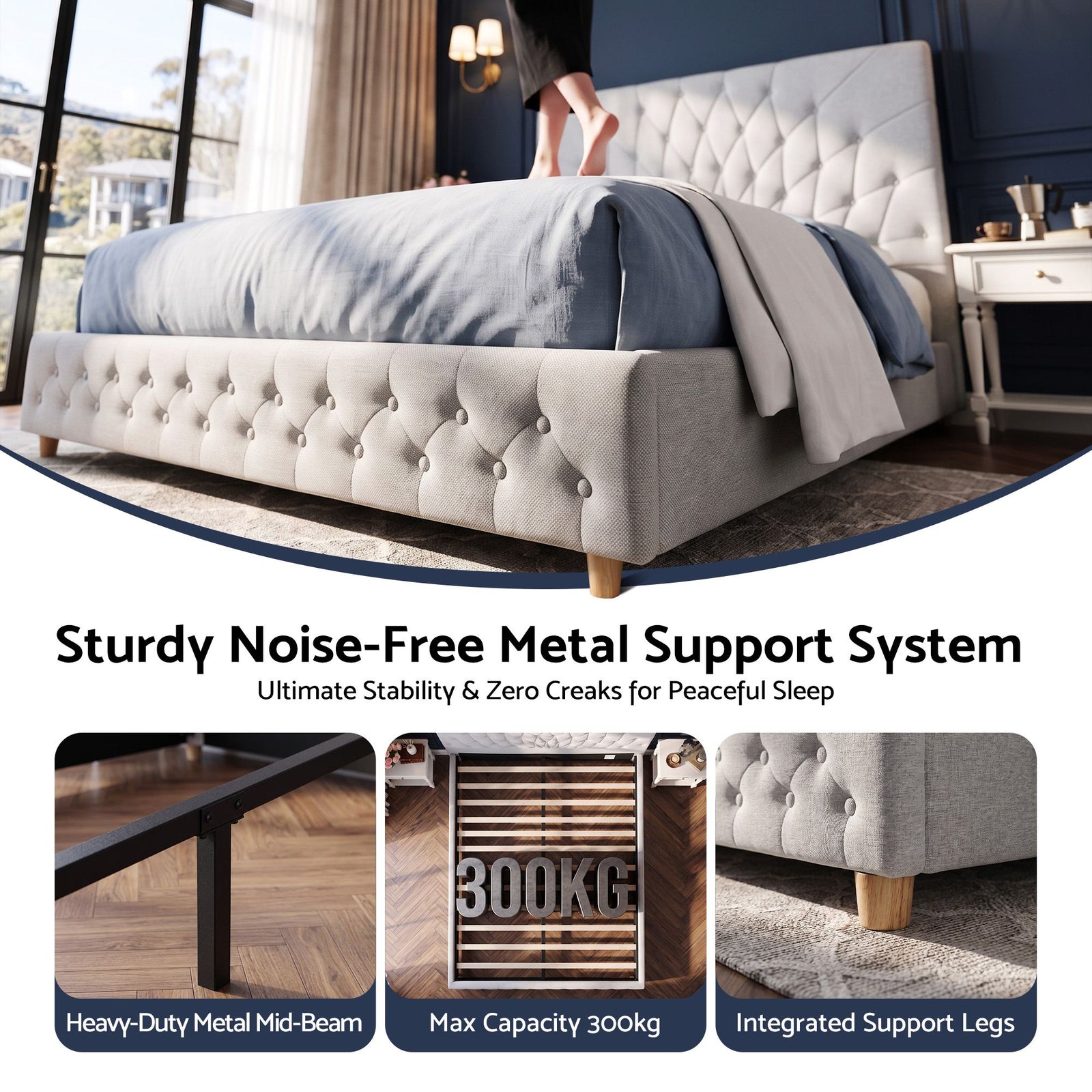 Artiss Queen Bed Frame with Tufted Headboard and Plywood Slats Grey