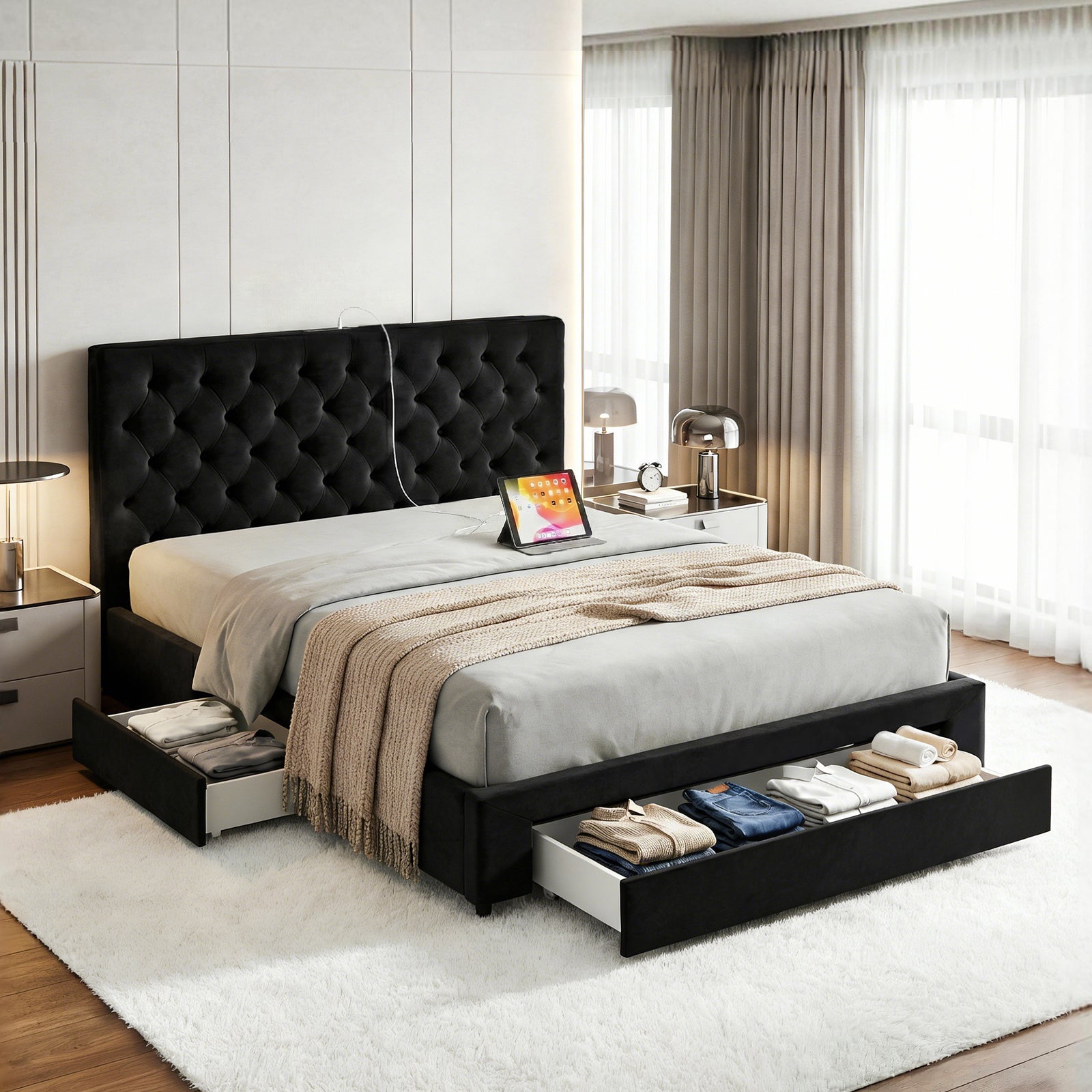 Artiss King Bed Frame Storage Charging Station Upholstered 3 Drawers USB Type-C