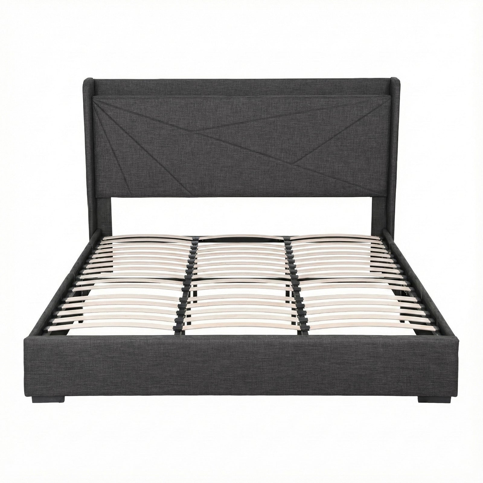 Artiss King Bed Frame Gas Lift Storage Bed with Charging Ports Upholstered Geometric Headboard Charcoal Grey