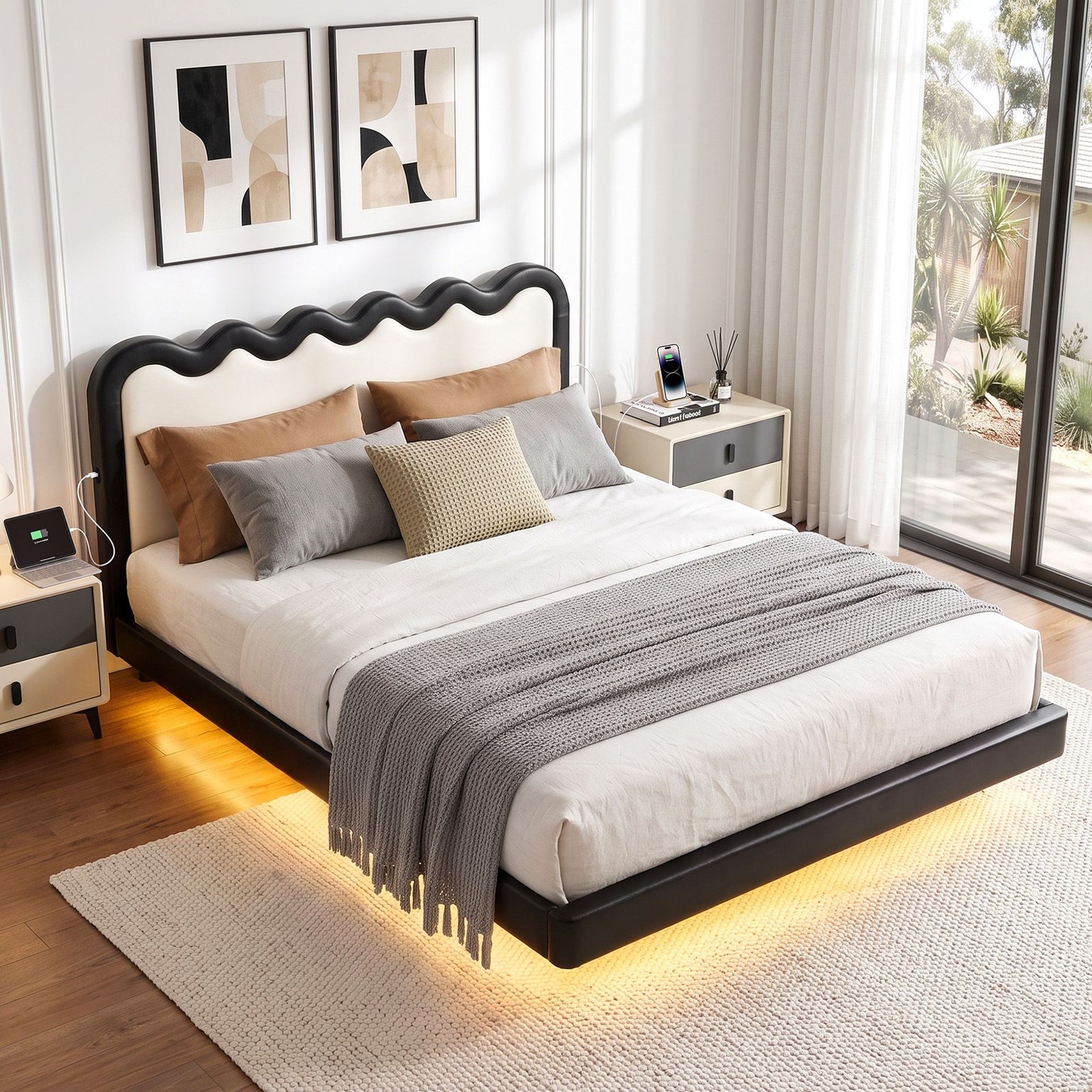 Artiss Queen Bed Frame, Floating Design with RGB LED and USB Charging