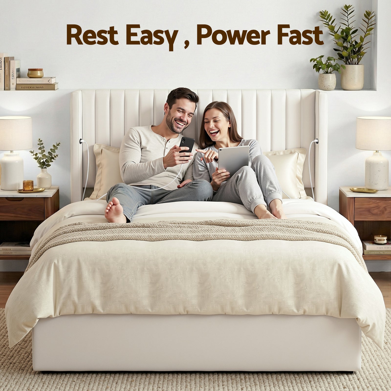 Artiss Double Bed Frame with Gaslift Storage USB Type-C Charging Ports Velvet Upholstery White