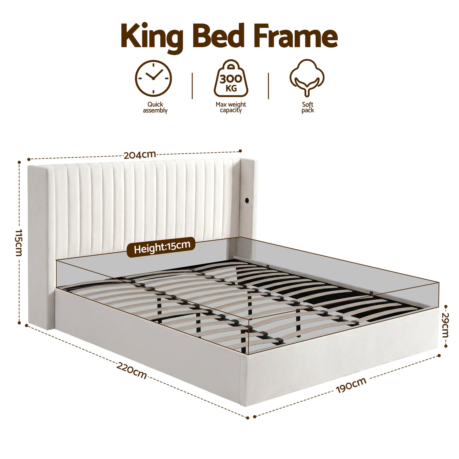 Artiss King Bed Frame with Gaslift Storage USB Type-C Charging Ports Velvet Upholstery White
