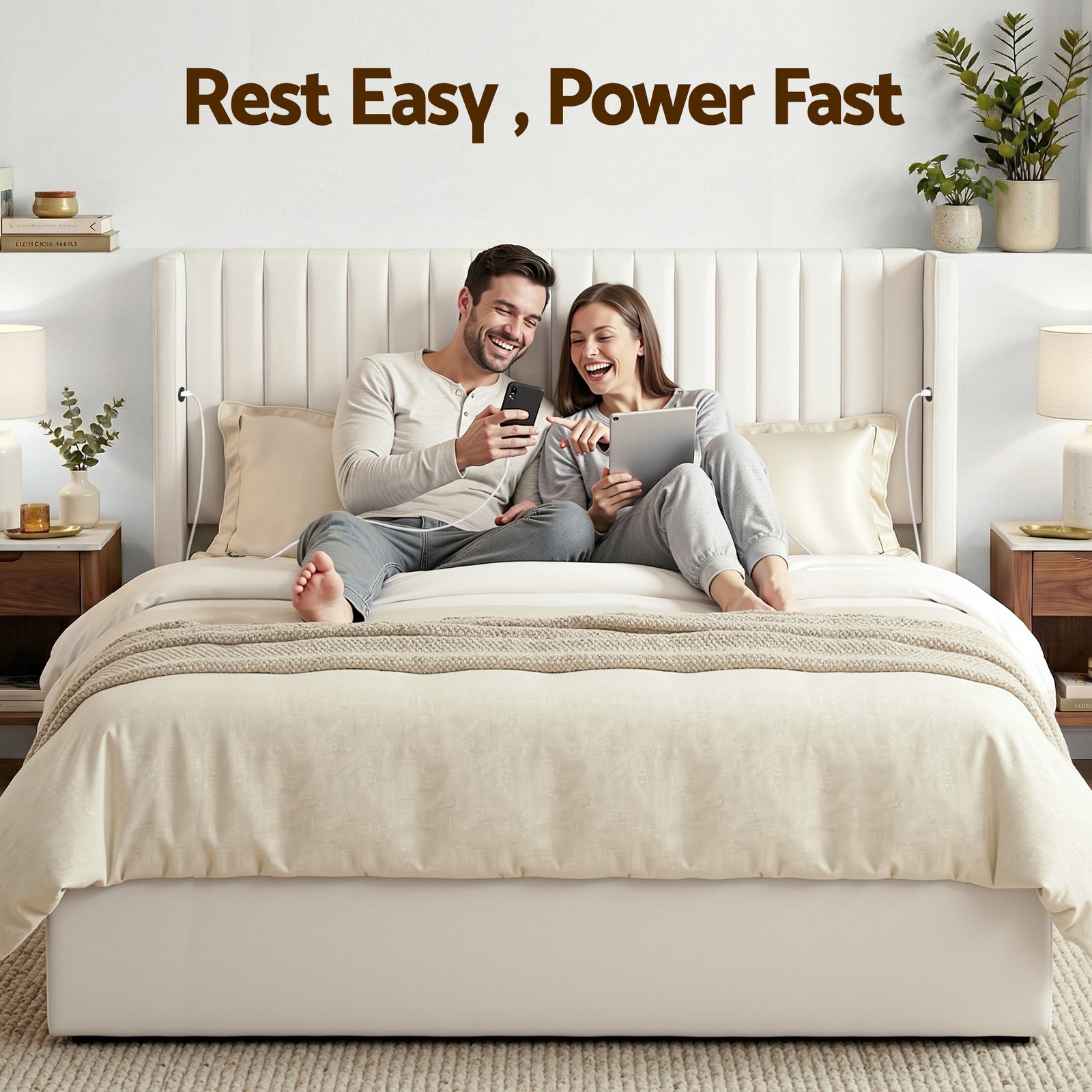 Artiss King Bed Frame with Gaslift Storage USB Type-C Charging Ports Velvet Upholstery White