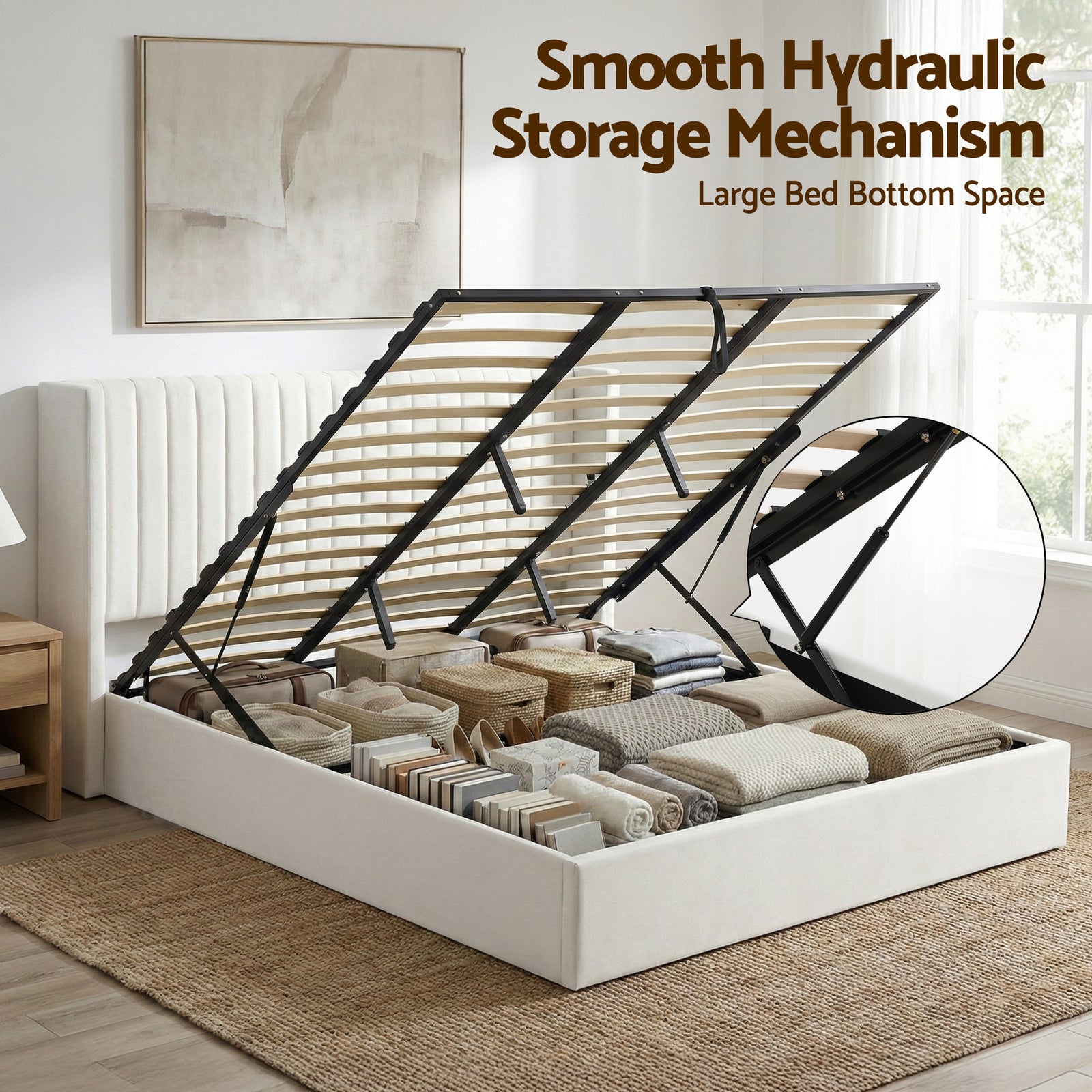 Artiss King Bed Frame with Gaslift Storage USB Type-C Charging Ports Velvet Upholstery White