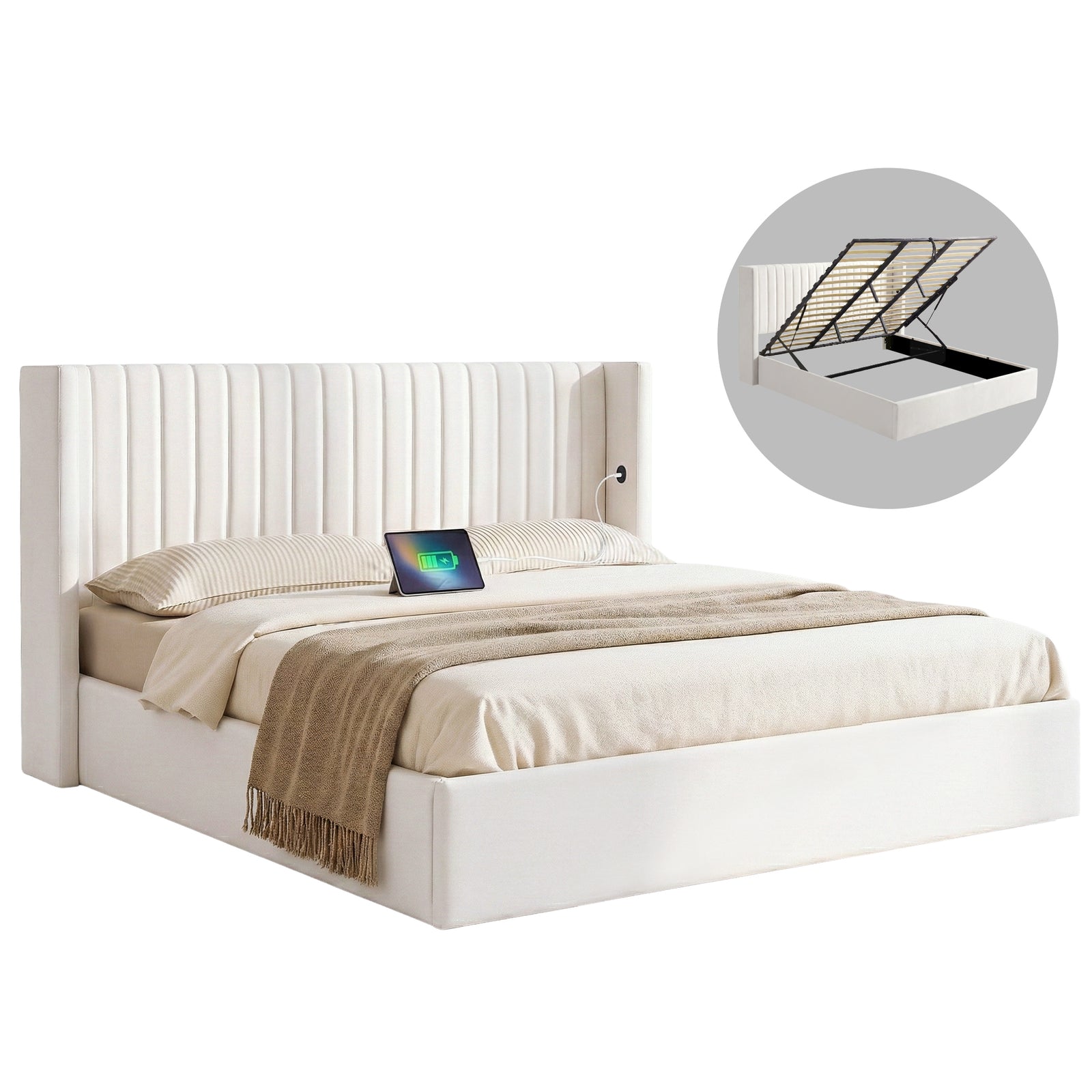 Artiss King Bed Frame with Gaslift Storage USB Type-C Charging Ports Velvet Upholstery White