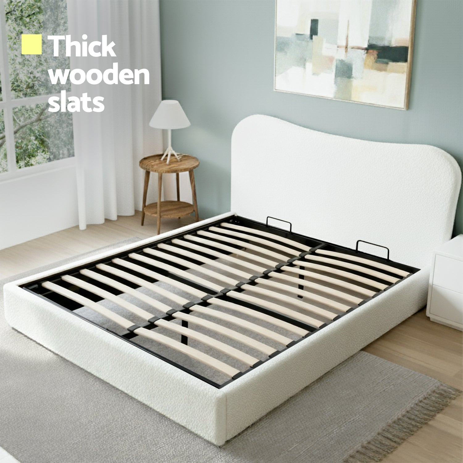 Artiss Double Bed Frame with Gaslift Storage Wooden Platform Mattress Base Boucle Upholstered White