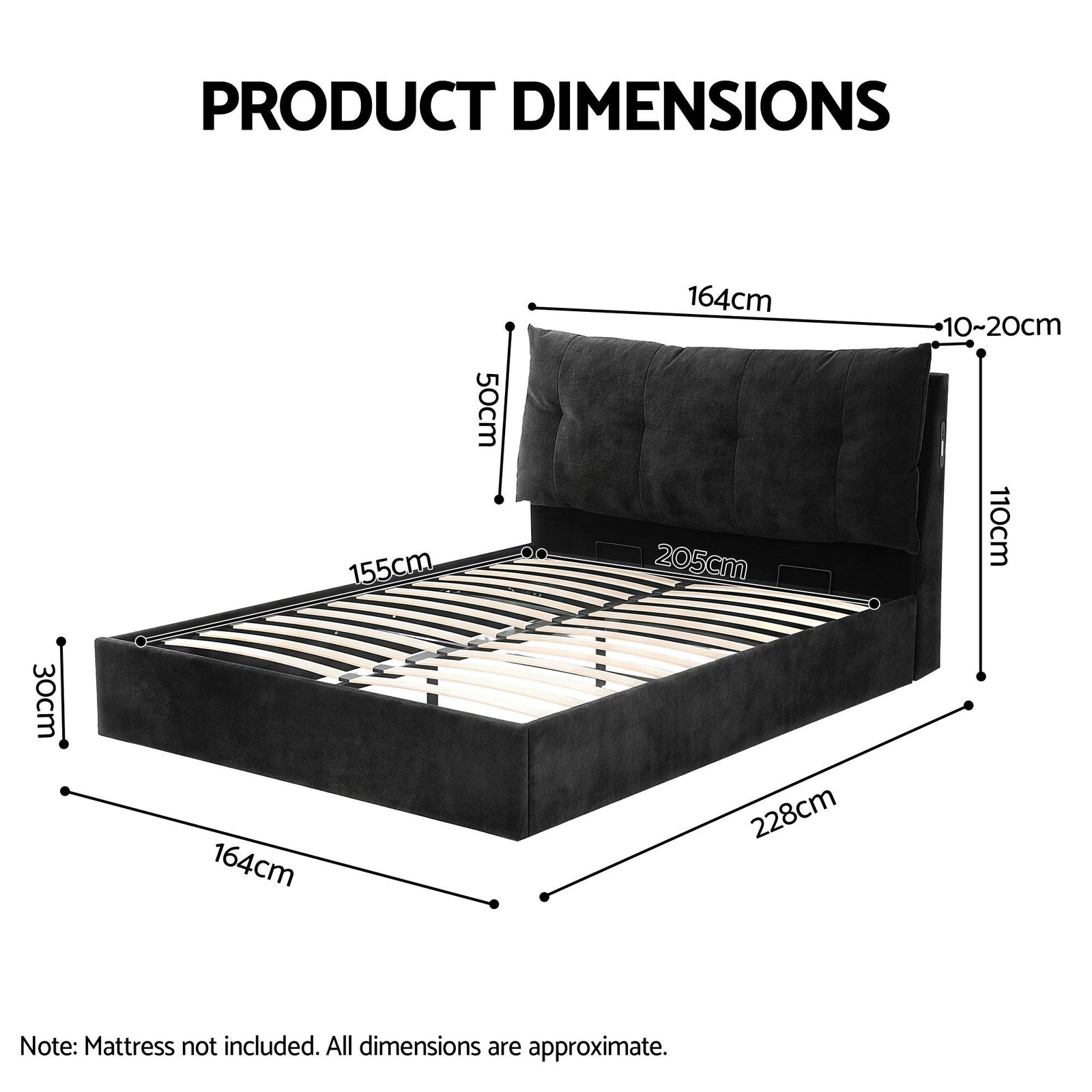 Artiss Queen Bed Frame with Horizontal Gas Lift Storage with LED Light USB Type-C Charging Station Black Velvet