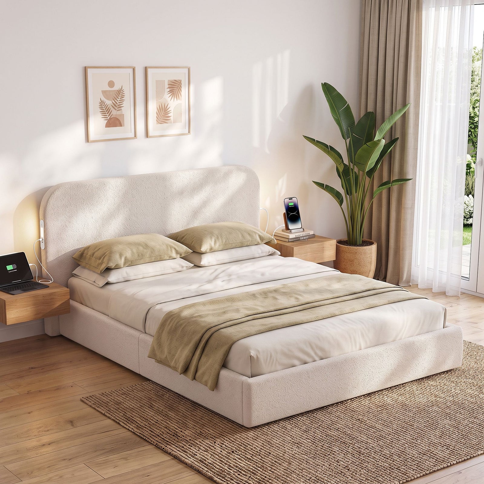 Artiss Queen Bed Frame with Bouclé Headboard, USB-C Charging & Night Lights