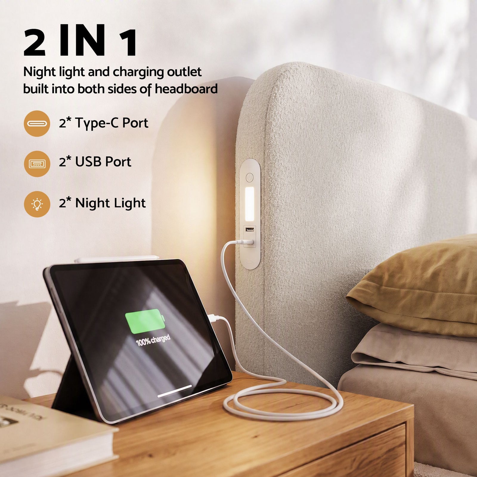 Artiss Queen Bed Frame with Bouclé Headboard, USB-C Charging & Night Lights