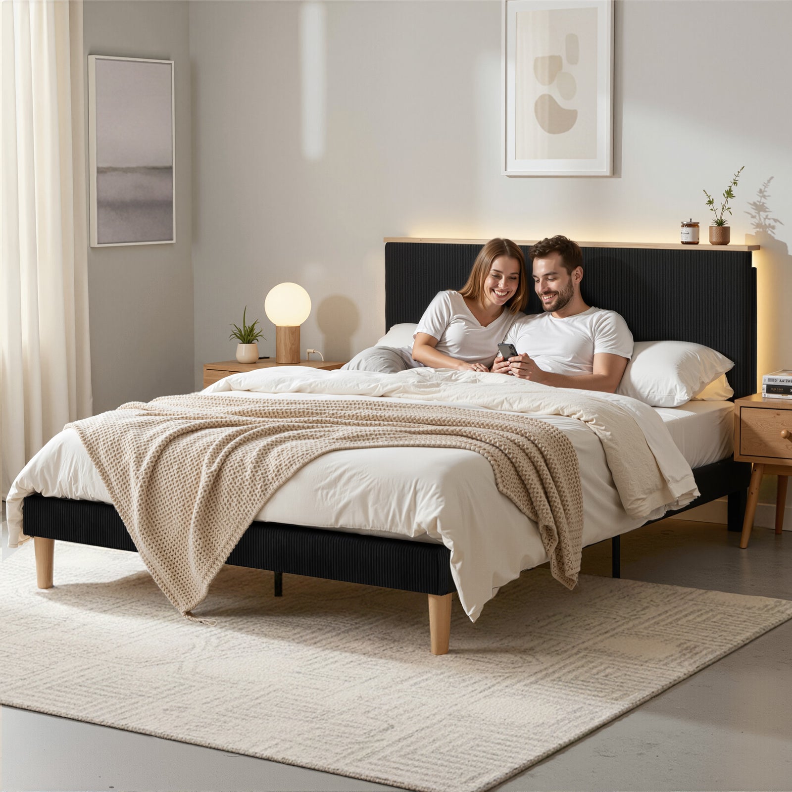 Artiss Double Bed Frame Upholstered Adjustable Headboard Mood Lighting Heavy Duty Black Velvet