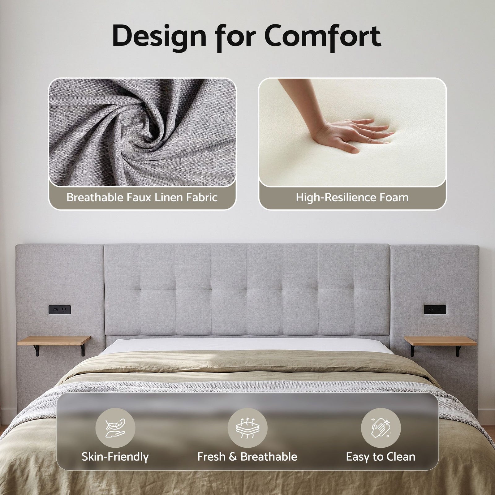 Artiss Queen Bed Frame with Wide Headboard, Floating Shelves and USB Grey