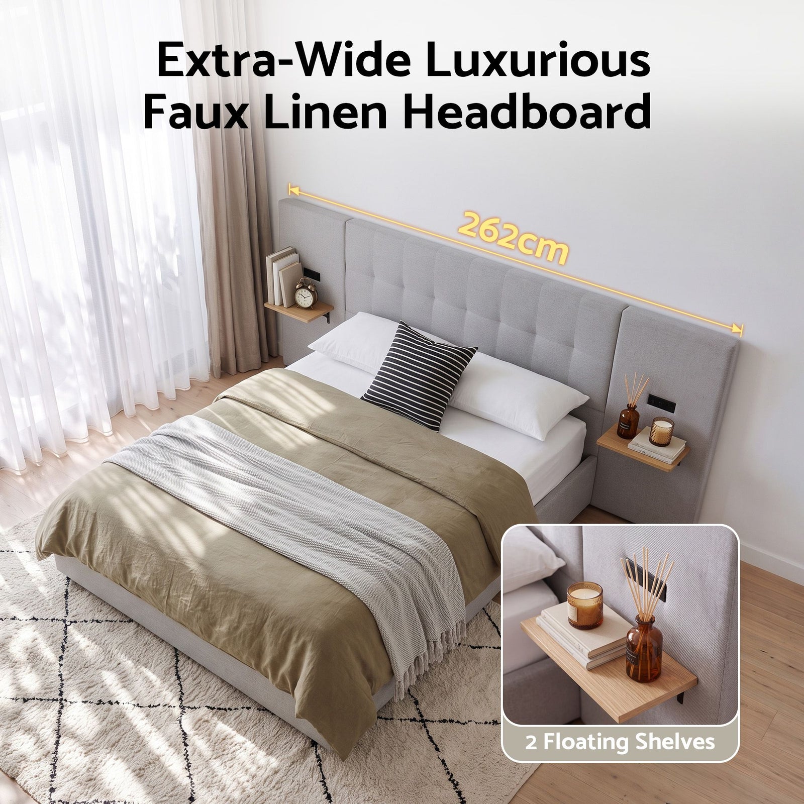 Artiss Queen Bed Frame with Wide Headboard, Floating Shelves and USB Grey