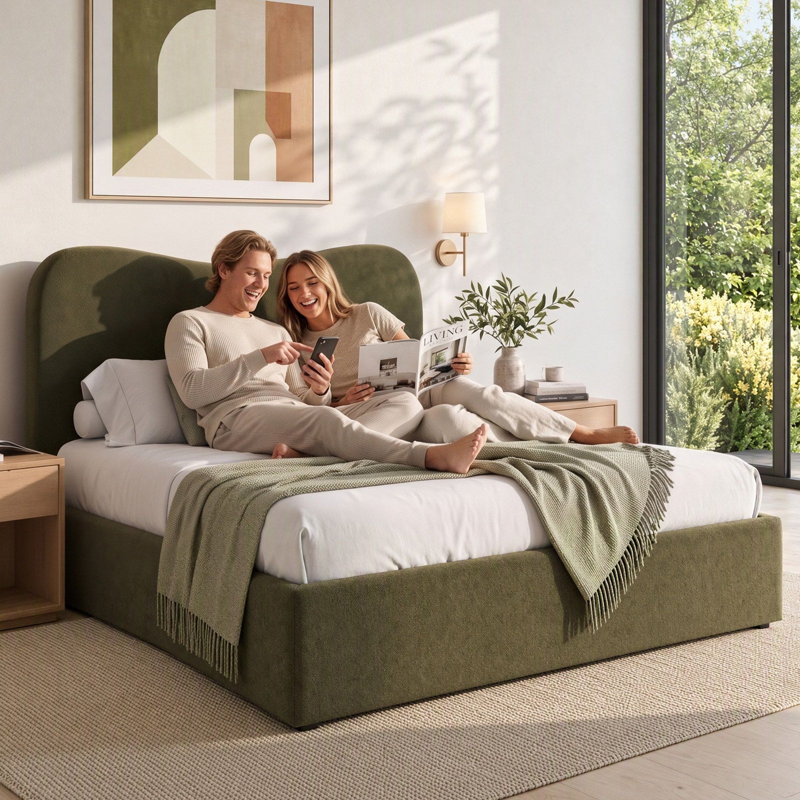 Artiss Queen Bed Frame with Storage Drawer, Chenille Curved Headboard