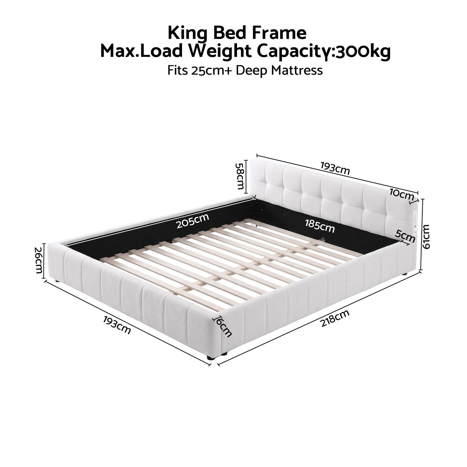 Artiss King Bed Frame with Charging, LED Lights & Tufted Headboard