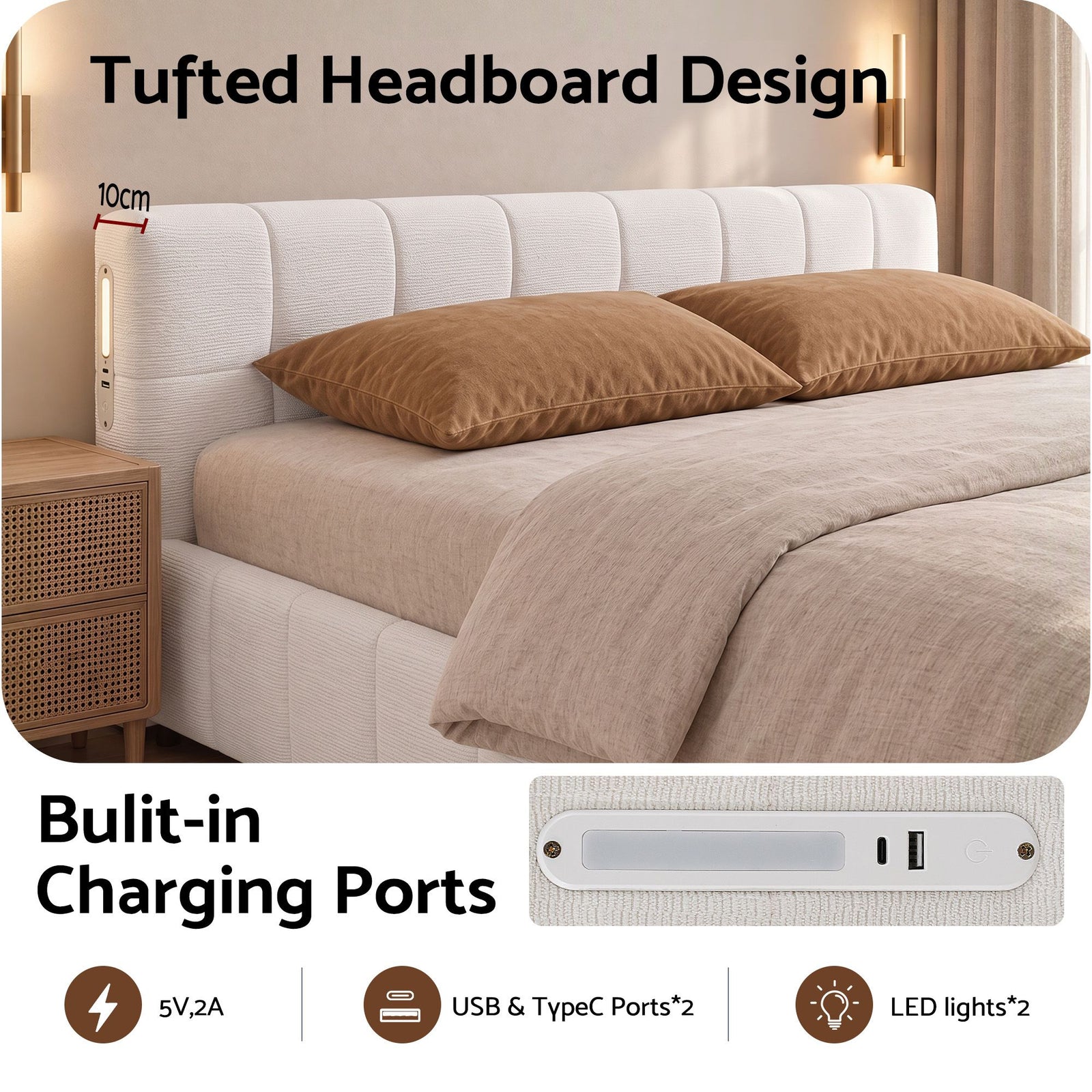 Artiss King Bed Frame with Charging, LED Lights & Tufted Headboard
