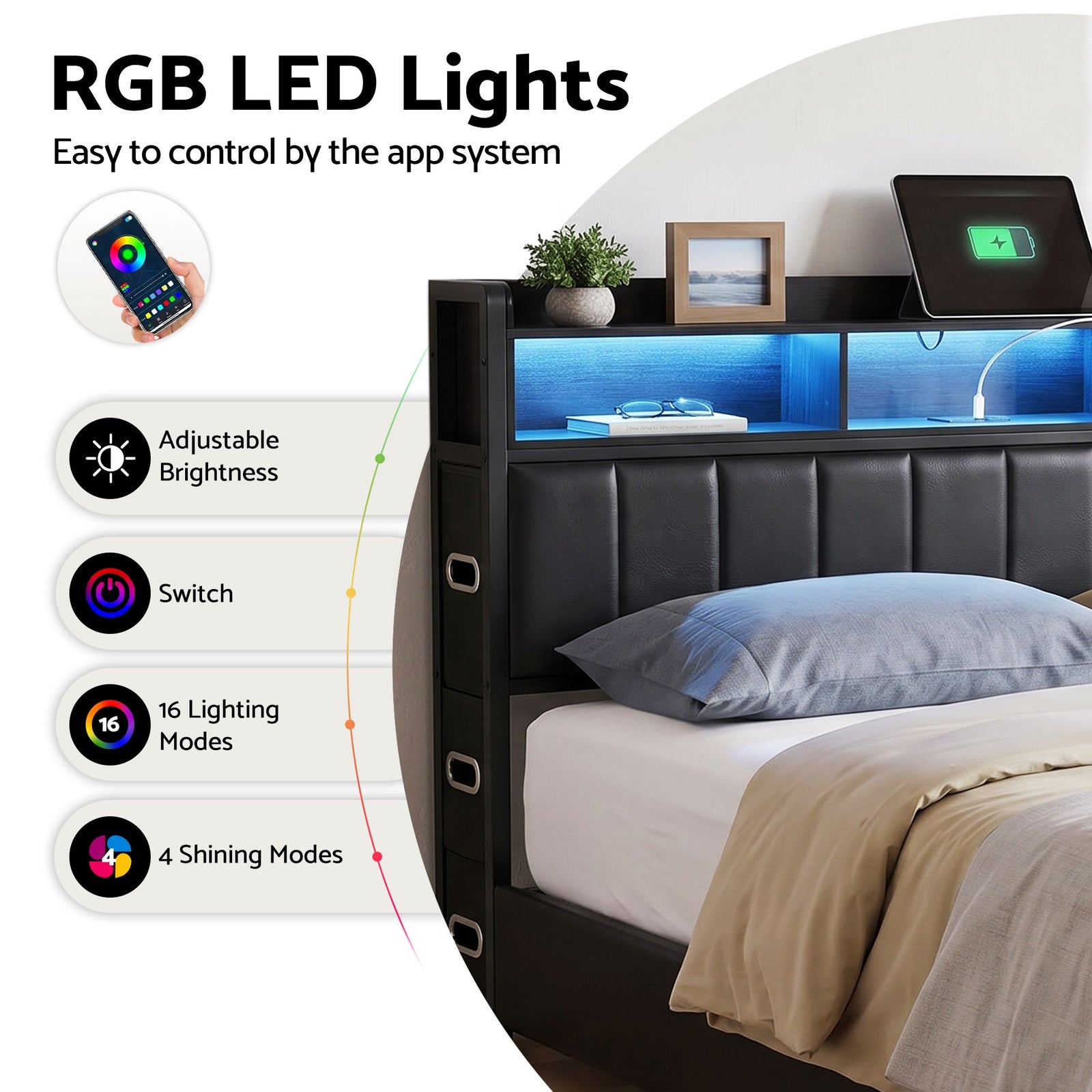 Artiss Queen Bed Frame with Storage Headboard, 2 Drawers, Charging Station& LED Light
