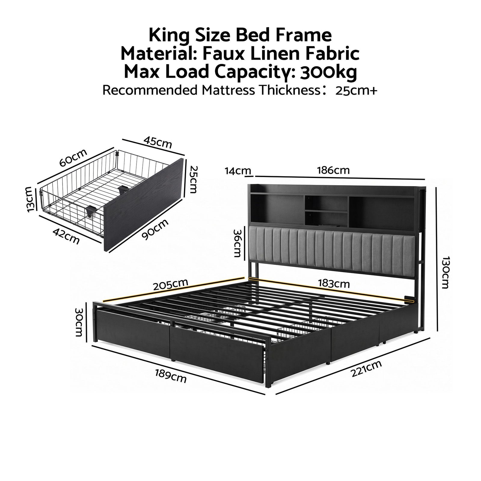 Artiss King Bed Frame with Storage, 4 Drawers and Charging Station