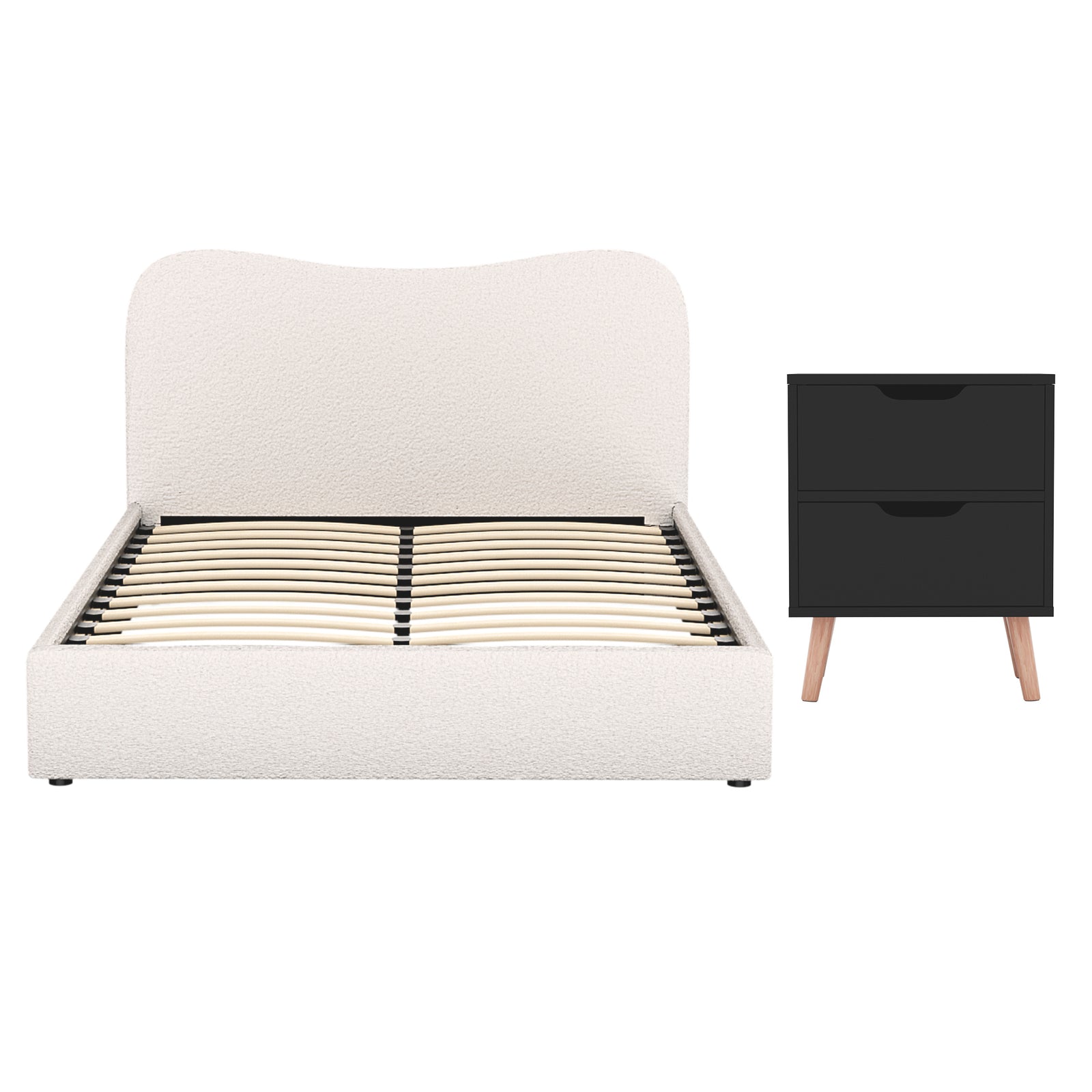 Artiss Double Bed Frame and Bedside Table Set Boucle Beige with Headboard Black Nightstand