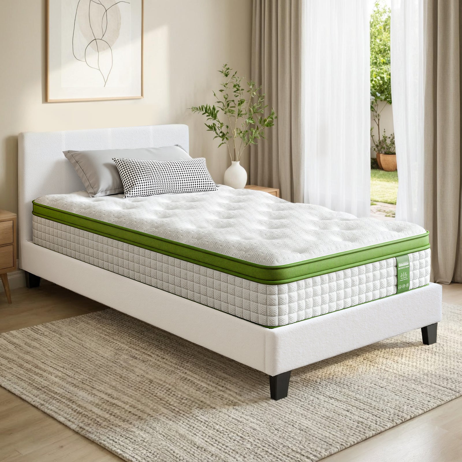 Artiss Single Bed Frame with Hybrid Mattress Set 30cm Medium Firm Platform Headboard Boucle Upholstered Pocket Coil for Pressure Relief